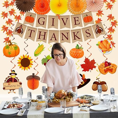 Miniatura 5 de Decoraciones de Acción de Gracias, pancarta de agradecimiento y calabaza, pavo, remolinos colgantes, guirnalda de hojas de arce, decoración temática