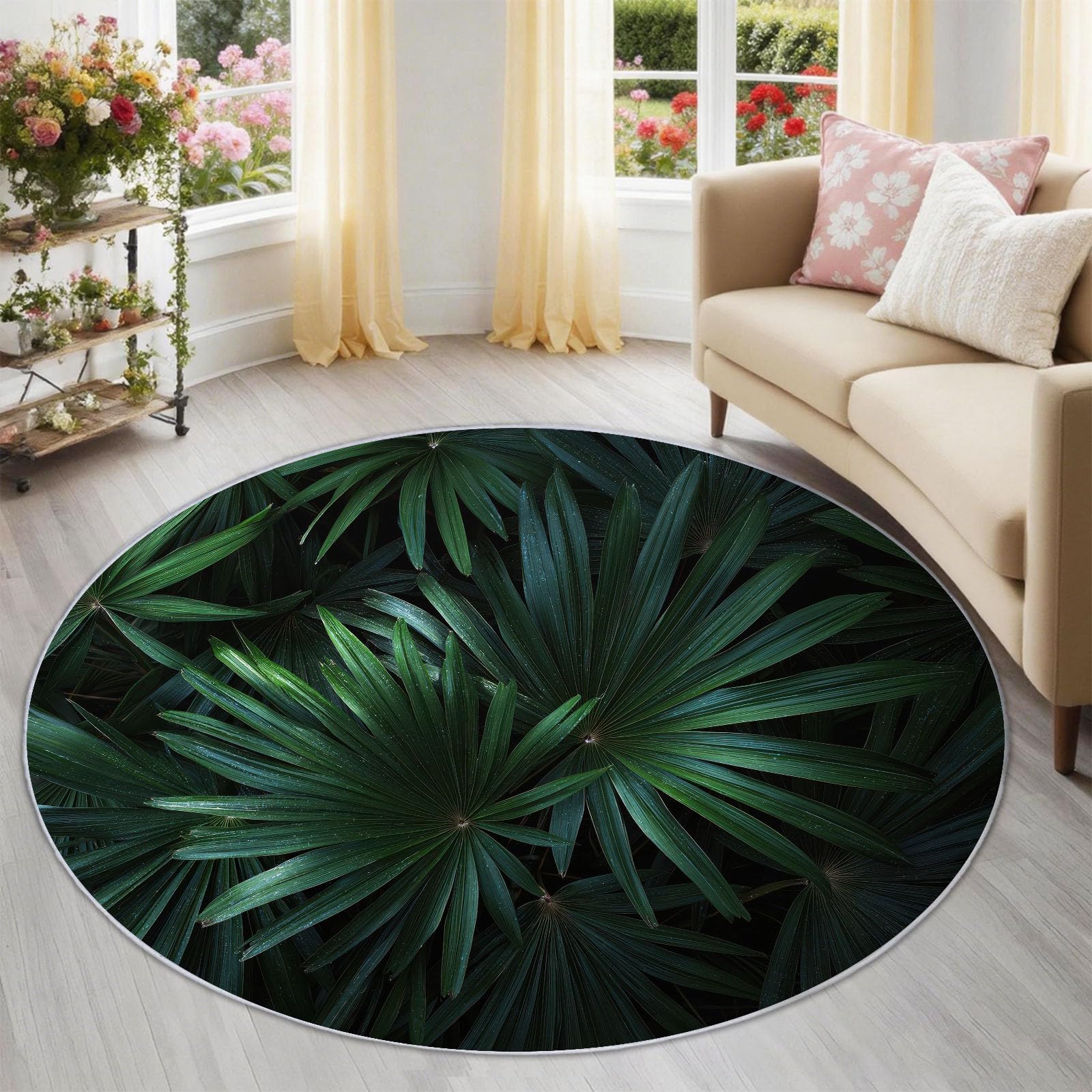 Tappeto rotondo con foglie di palma, morbido, nero, lavabile, non perde pelo, moderno, minimalista, alla moda, 150 cm, per cucina, comodino, tappetino antiscivolo per camera da letto