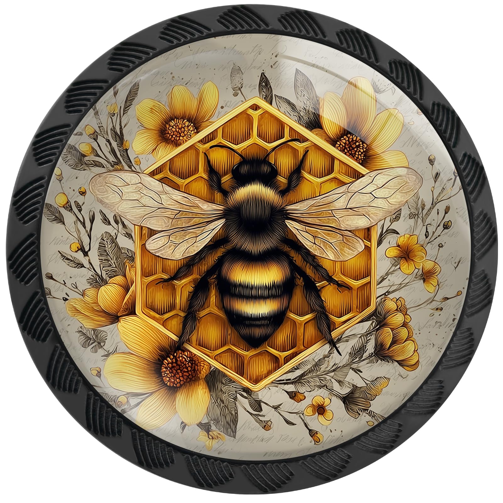 4 Pack Vintage Bee on Honeycomb with Yellow Floral Pattern Cabinet Knobs Round Drawer Pulls Black Dresser Knob Cupboard Door Handles Hardware for Kitchen Bathroom Cabinets