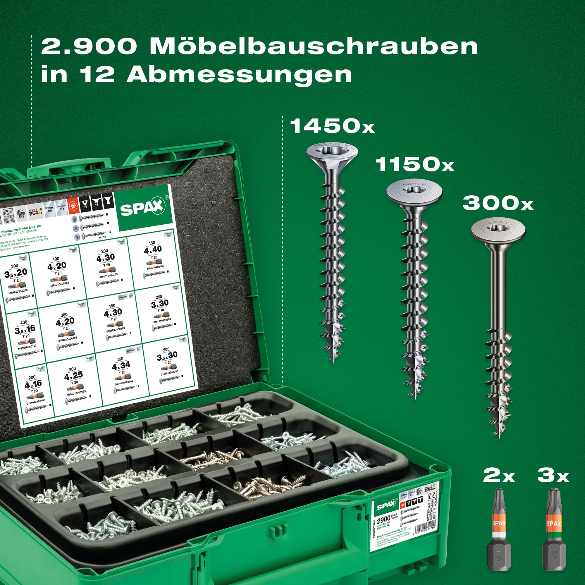 SPAX Box Systainer³ T-Loc für den Möbelbau, Schraubenset mit 2.900 Schrauben in 12 Abmessungen, inkl. 5 Bits T-STAR plus – 5000009172011