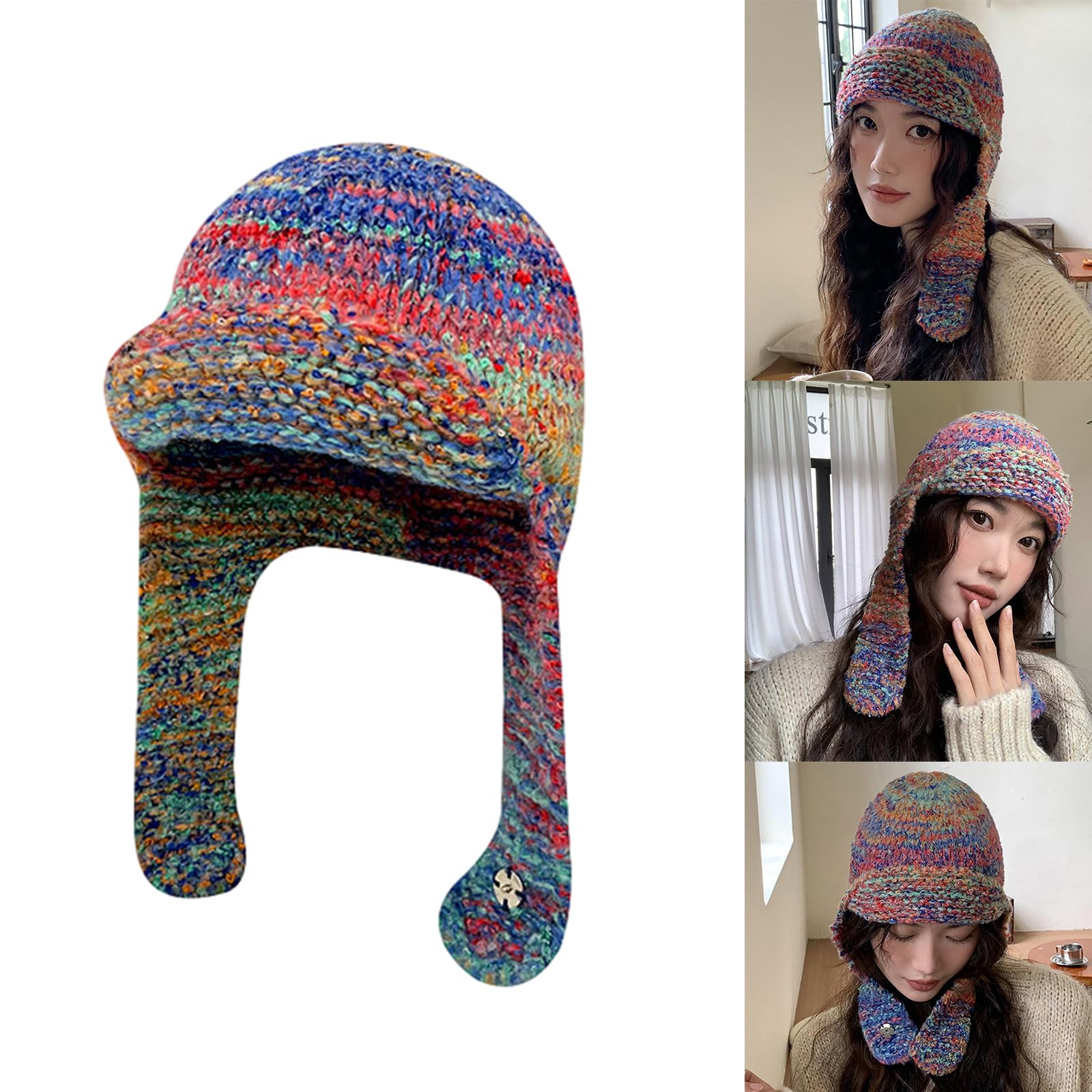 Women Contrast Color Winter Hat for Skiing Hiking Size Lady Windproof with Ear Flaps Red Blue