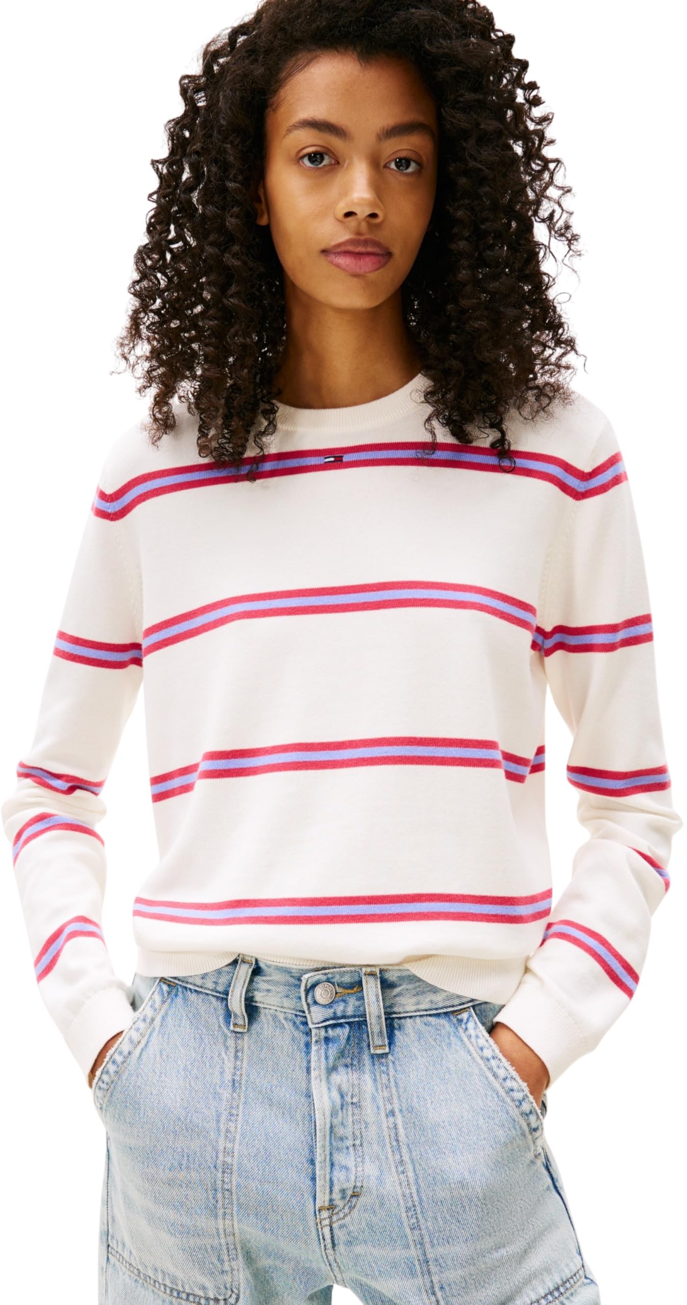 Tommy Jeans Damen Tjw Essential Crew Sweater EXT Dw0dw20159 Pullover, White (Ancient White/Stripe), XL EU