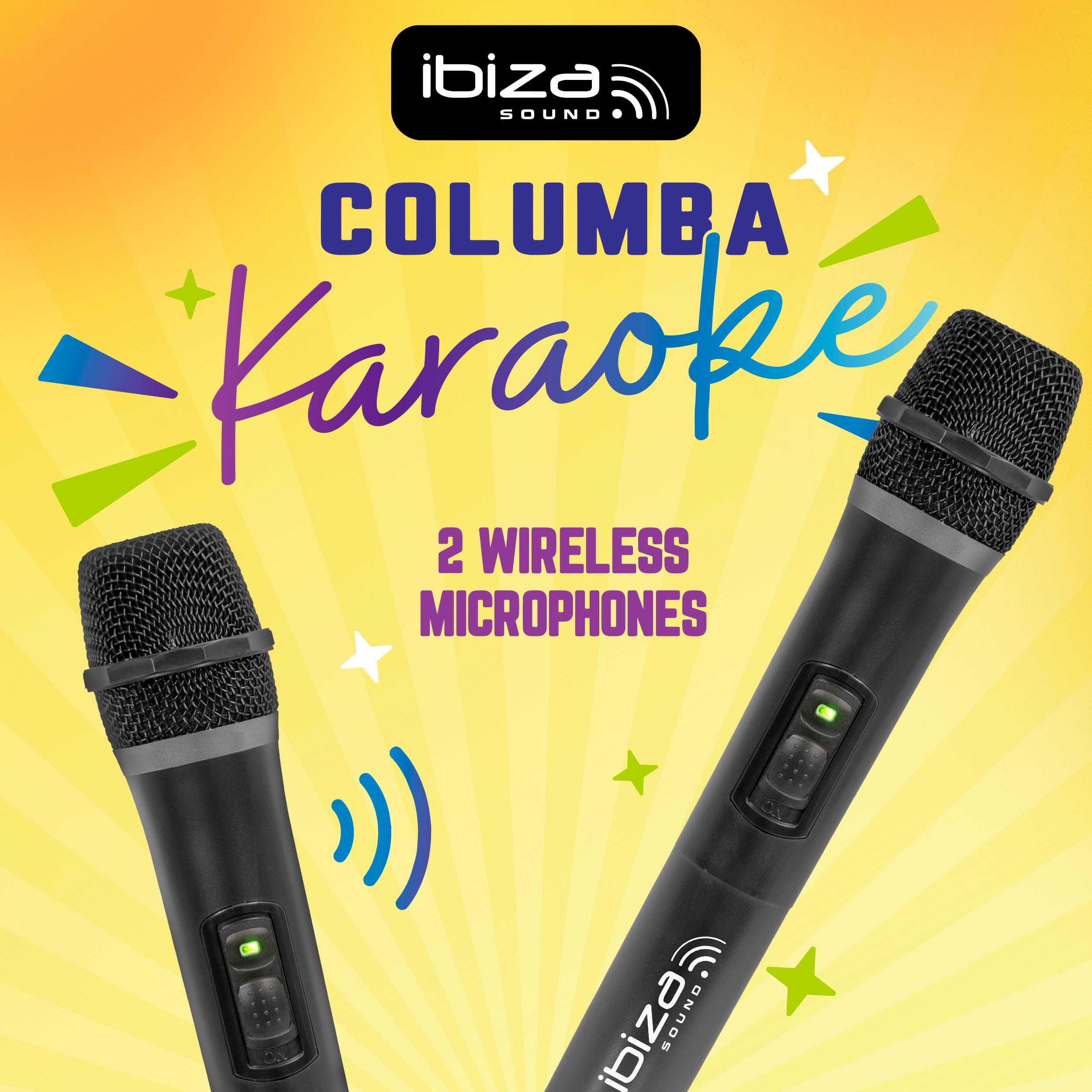 Ibiza - Columba-Karaoke - Enceinte Bluetooth Karaoke avec 2 Micros sans Fil - Changeur de Voix, lumières LED, Talkover et Fonction Rec - Soirées Karaoké