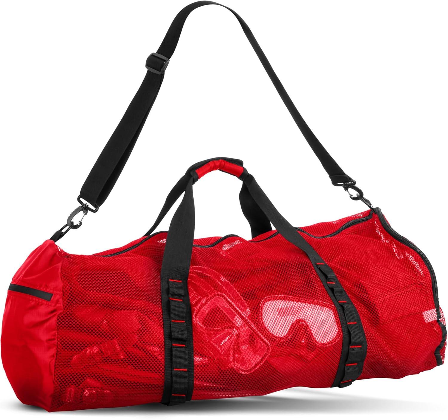 Fitdom 90L Large Mesh Duffle Bag for Scuba Dive or Snorkel Equipment. Best for Water Sports & Beach Activities like Swimming, Diving & Snorkeling. Perfect for Travel, Storage Swim Gym Gears & Balls Red
