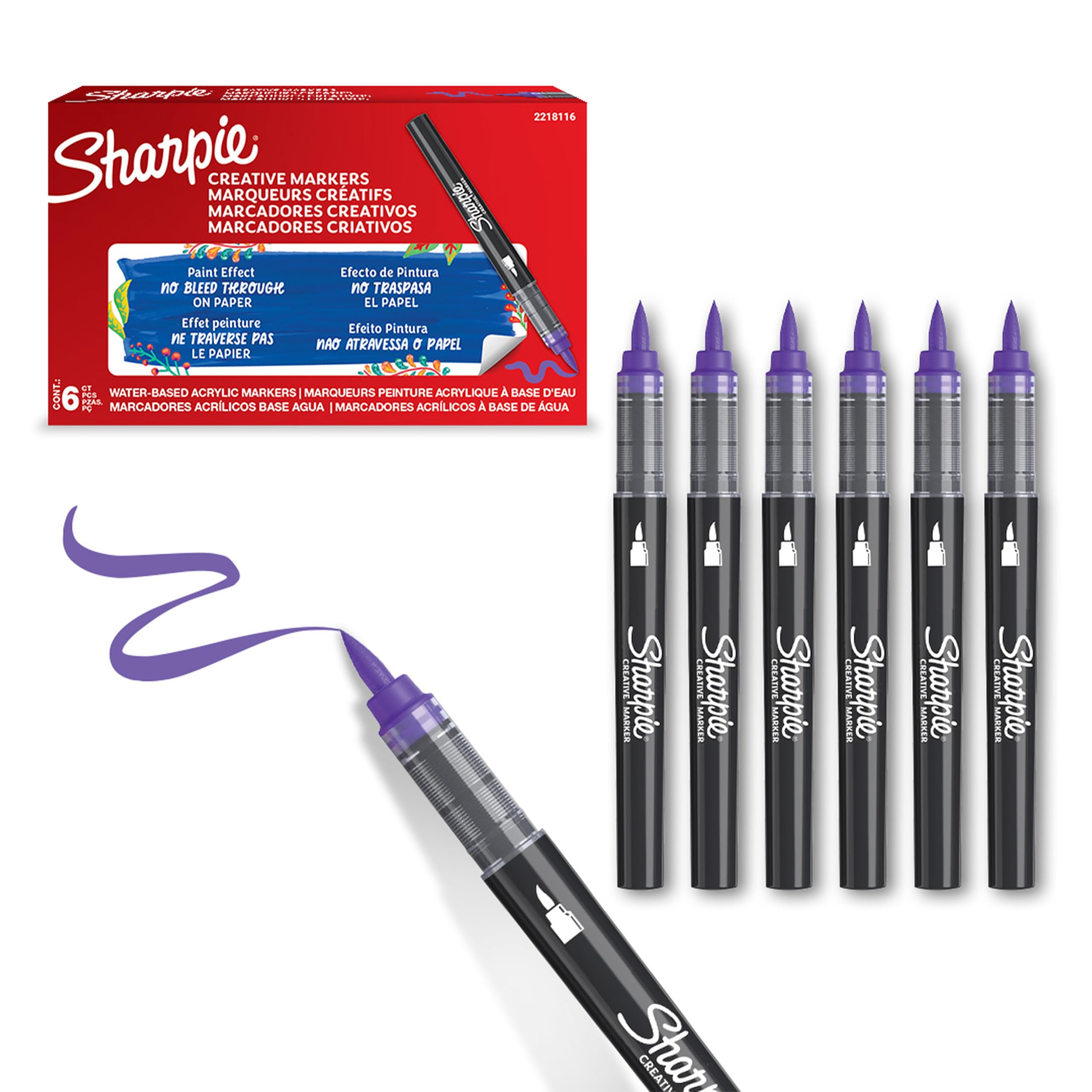 Sharpie Creative Marker Acrylic Paint Pens | Brush Tip Water-Based Paint Markers | Lilac | No-Bleed Ink Writes on Most Surfaces | Crafting & Art Supplies | 6 Count