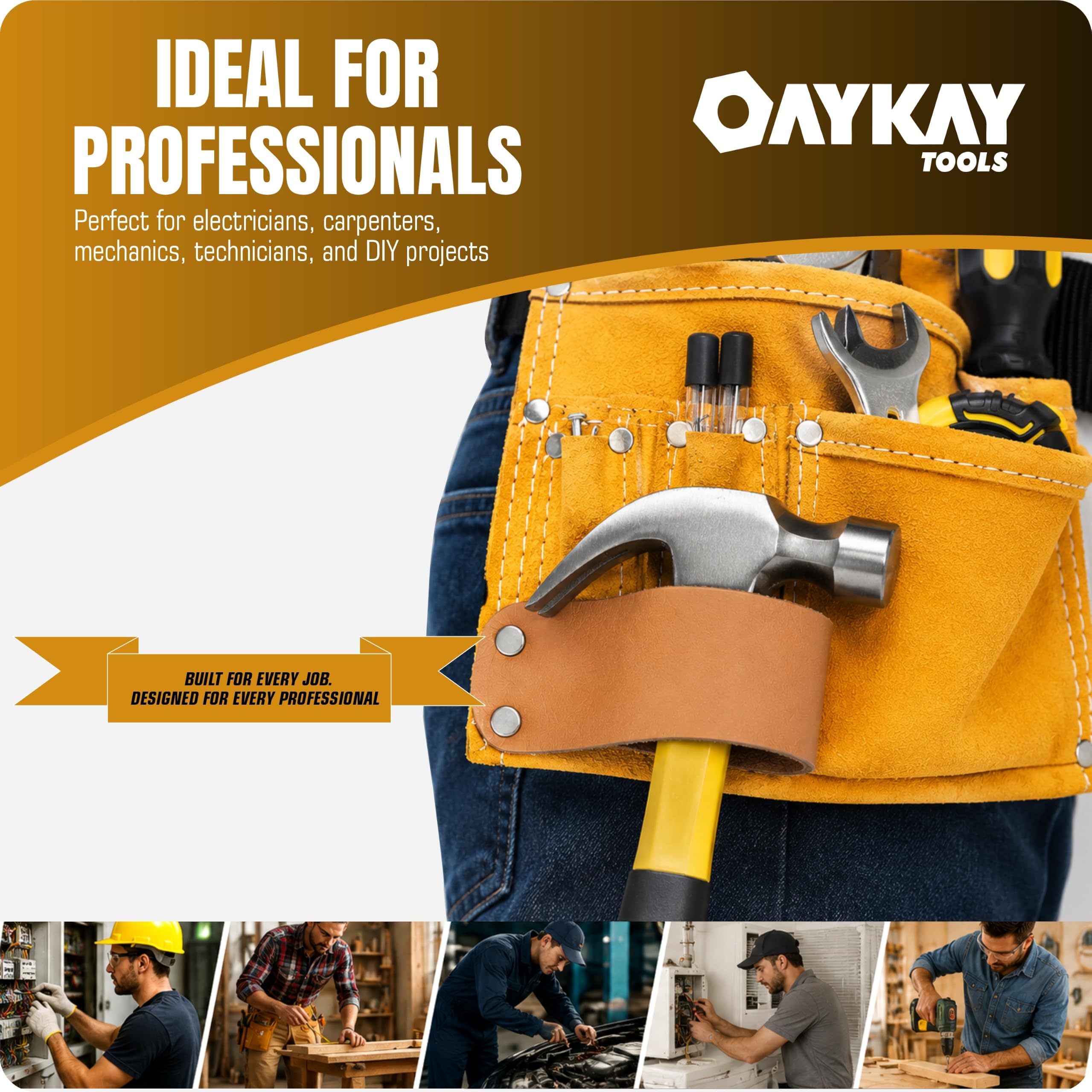 Oaykay Tools 5 Pocket Yellow Leather Tool Belt with Hammer Holder and Quick Release Buckle (Size 8.5 * 8 Inch) 4
