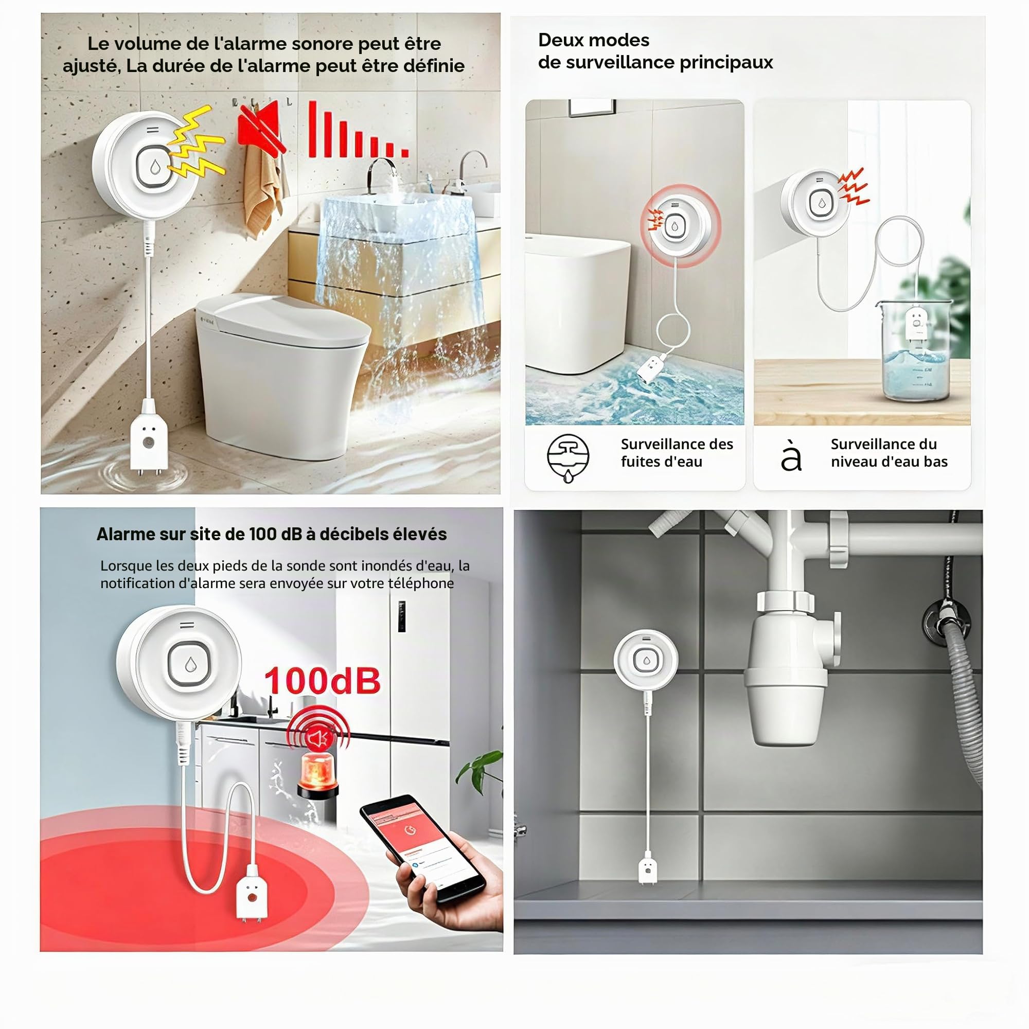 Détecteur de Fuite d'eau WiFi Intelligent avec Alarme 100dB et Notifications app, capteur pour Cuisine, Salle de Bain et Machine à Laver, 1 pièce