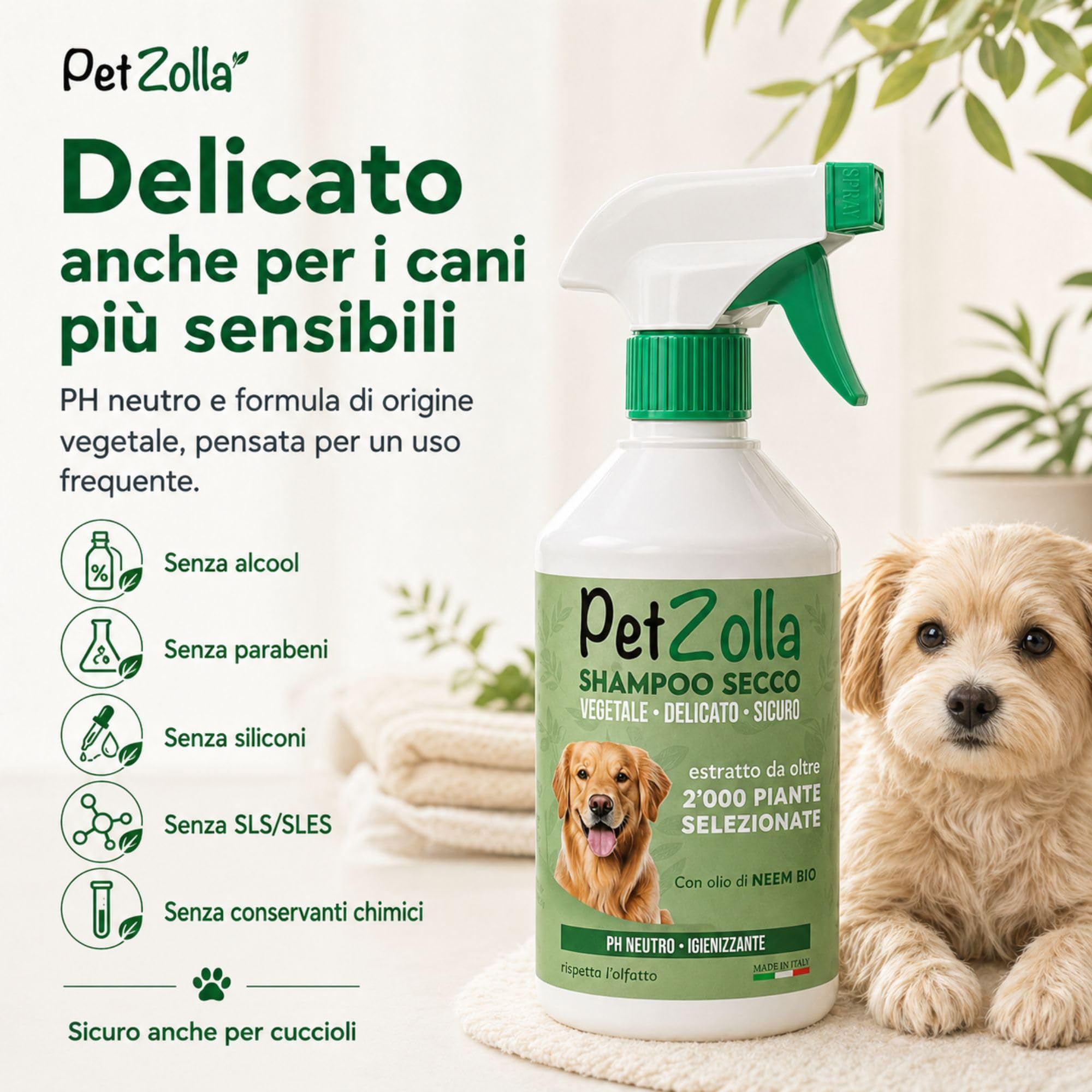 Shampoo secco per cani senza risciacquo 750 ml Idrata e igienizza, Shampoo a secco per cani naturale con olio di neem, argan e timo, sicuro anche per cuccioli - Made in Italy