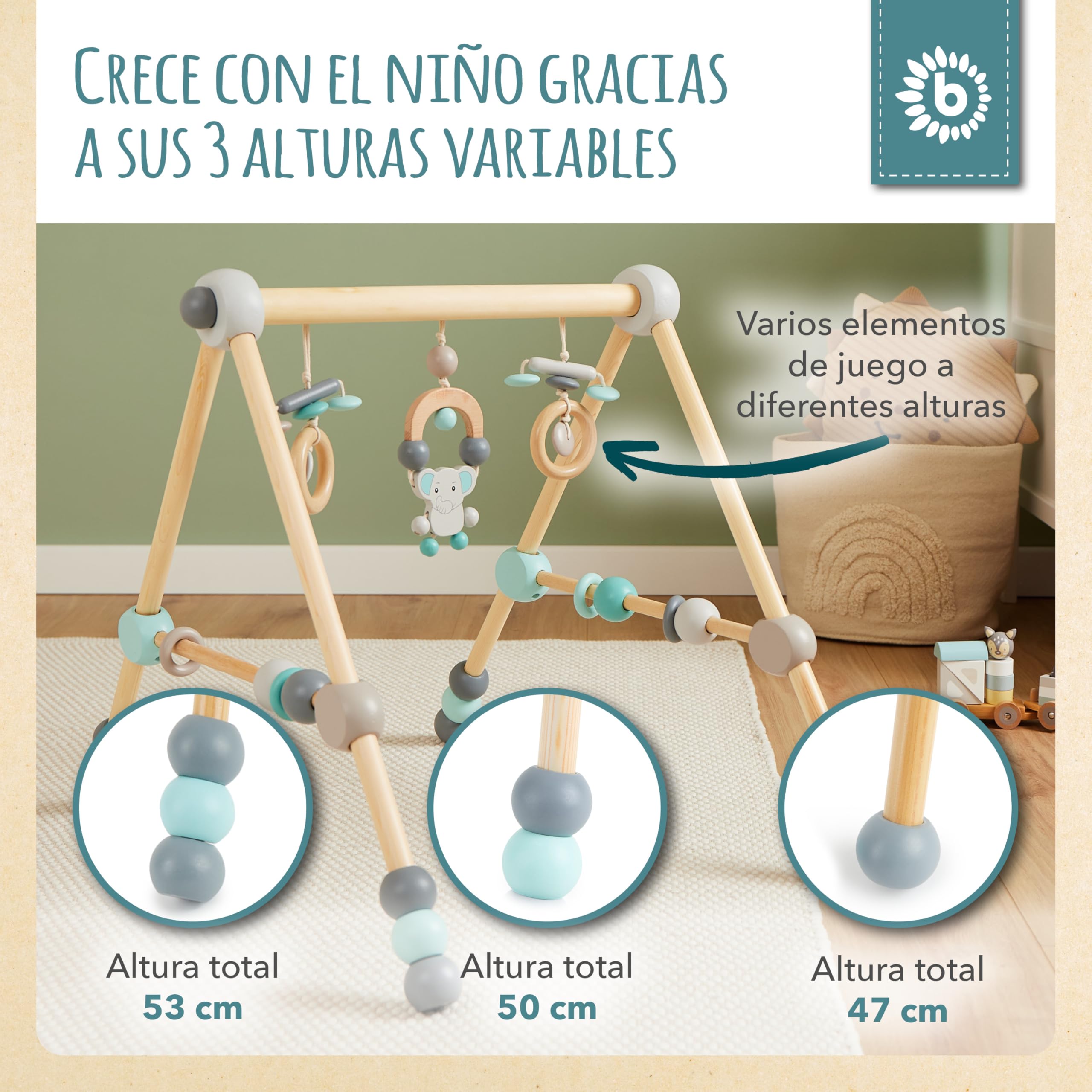 Bieco Spieltrapez | Trampolín para Baby - Figuras, Rasseln, Kugeln- Ajustable en Altura | Trampolín Holz | Centro de Actividades para Bebés Gym | Juguete de Madera para Baby