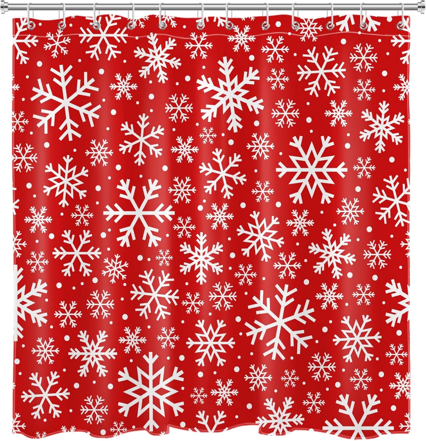 Winter Christmas Shower Curtains for Bathroom, White Snowflake on Red Shower Curtain Snowflake Pattern Shower Curtain with Hooks, 72W X 78L Inch