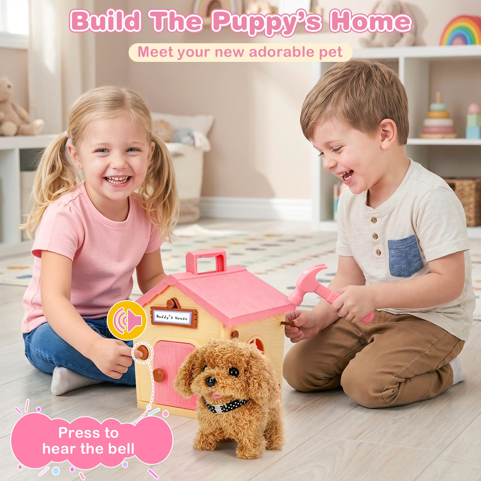 Dreamon Hund Spielzeug Kinder Spielzeug Hund Der Läuft Und Bellt Interaktiver Mit Hundehütte Pflege-Set Und Zubehör Für Die Tierpflege Geschenk Mädchen 3 4 5 Jahre