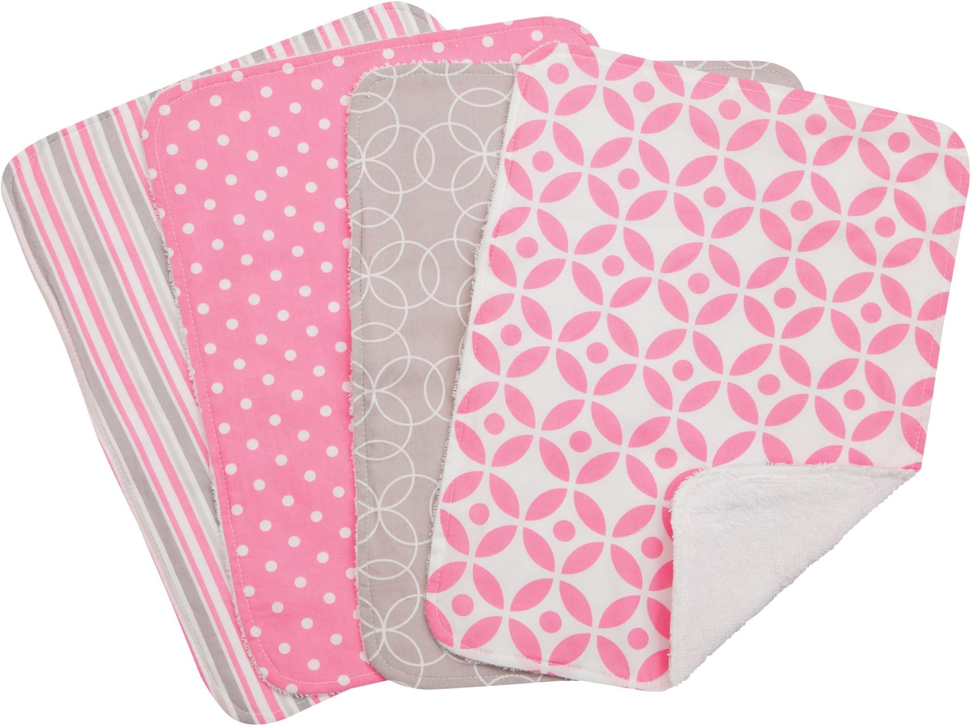 Lily 4 Pack Burp Cloth Set - 4 Deluxe Burp Cloths, Dot, Stripe, Circle and Stripe Print, Pink, Gray and White, White Cotton Terry Cloth, 10 in x 13 in