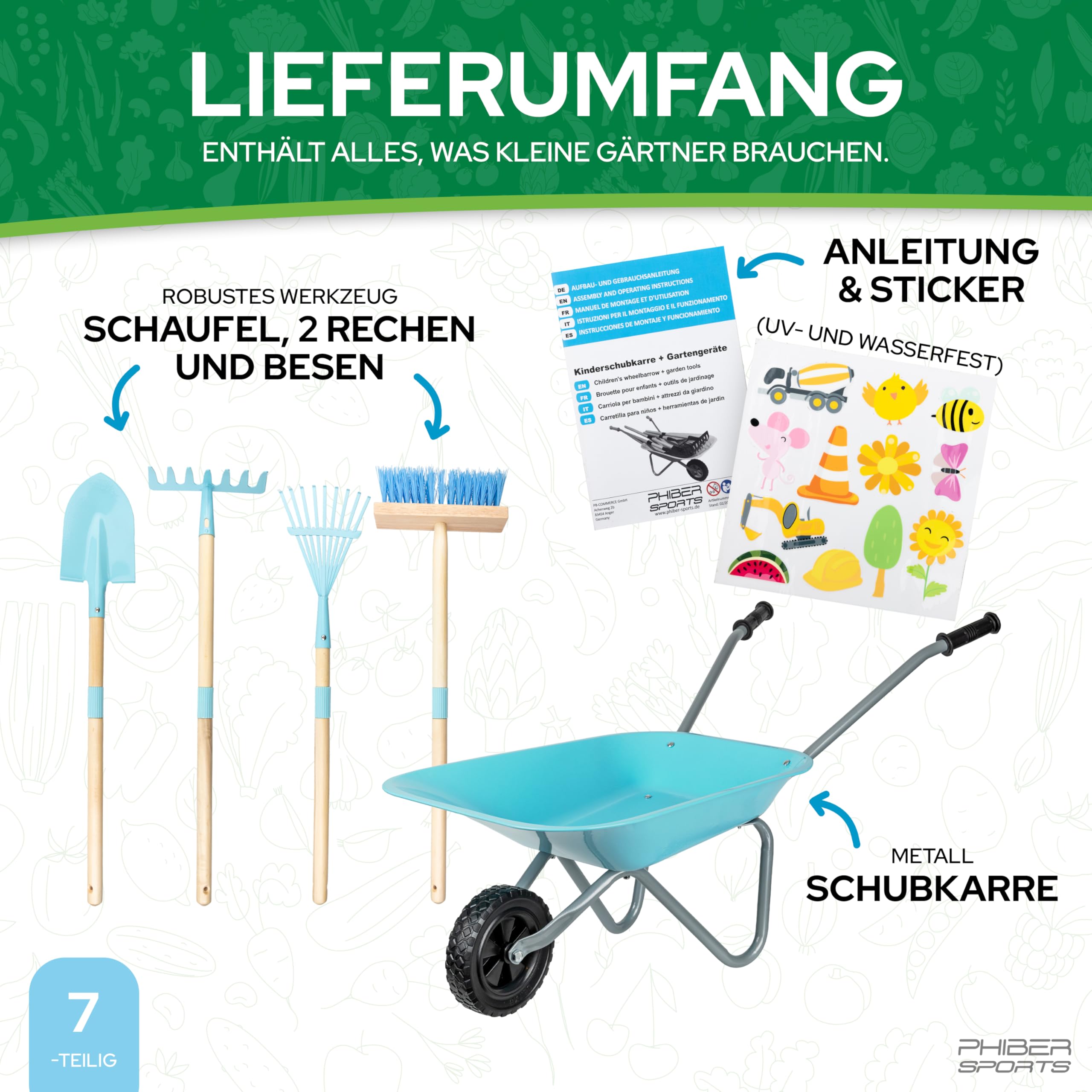 PHIBER-SPORTS Kinderschubkarre mit Gartenwerkzeug aus Metall - Schaufel, Besen, Rechen, Laubrechen + Wetterfeste Sticker