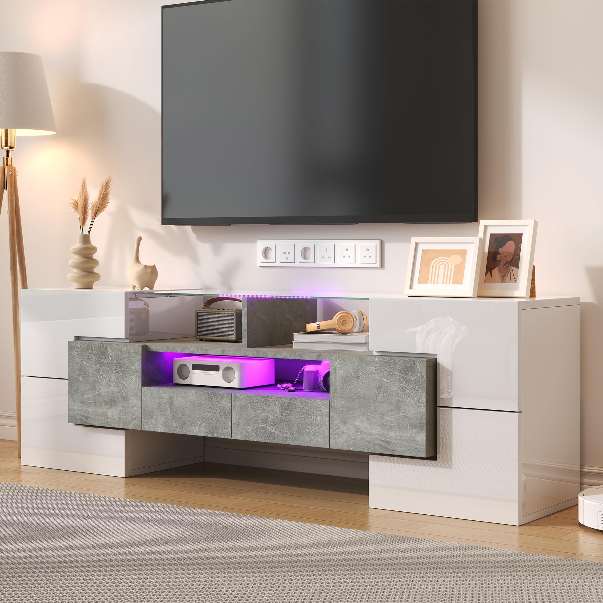 Meuble TV Long 145 cm lowboard avec Portes, tiroirs, Compartiments Ouverts, Meuble TV Surface vitrée avec éclairage LED Buffet Meuble TV pour Salon Gris