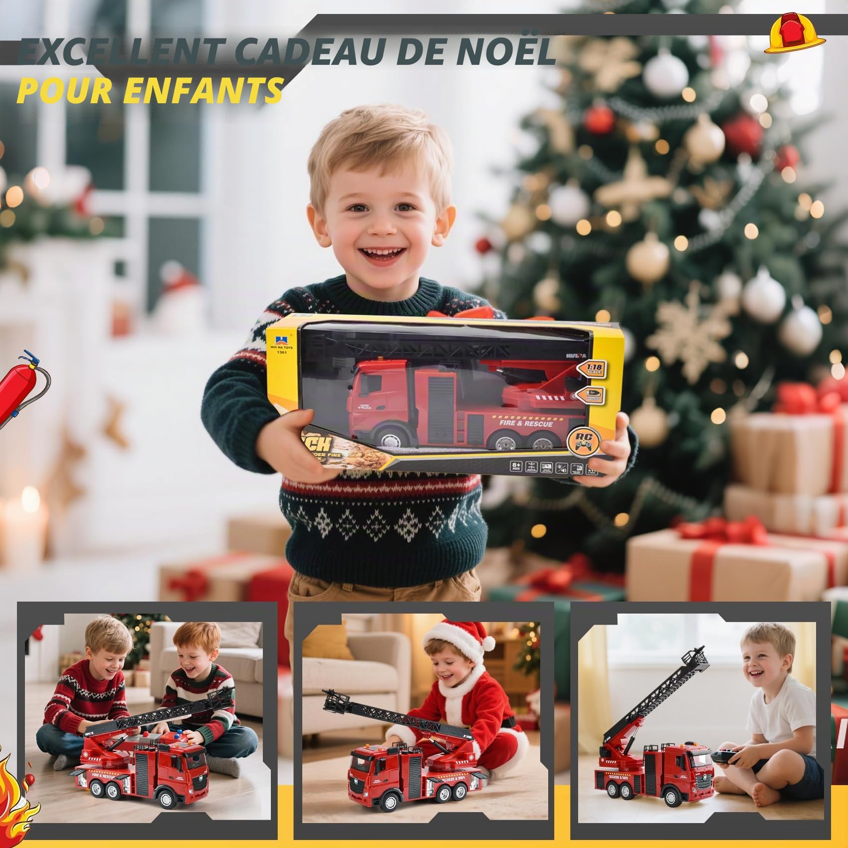 Grand Camion de Pompiers RC 1:18 | Camion de Pompiers télécommandé 2,4G avec Échelle Pivotante à 270° et Fonction Jet d'eau | Rechargeable 7,4V, Lumières & Sons | Jouet Pompier dès 3 Ans