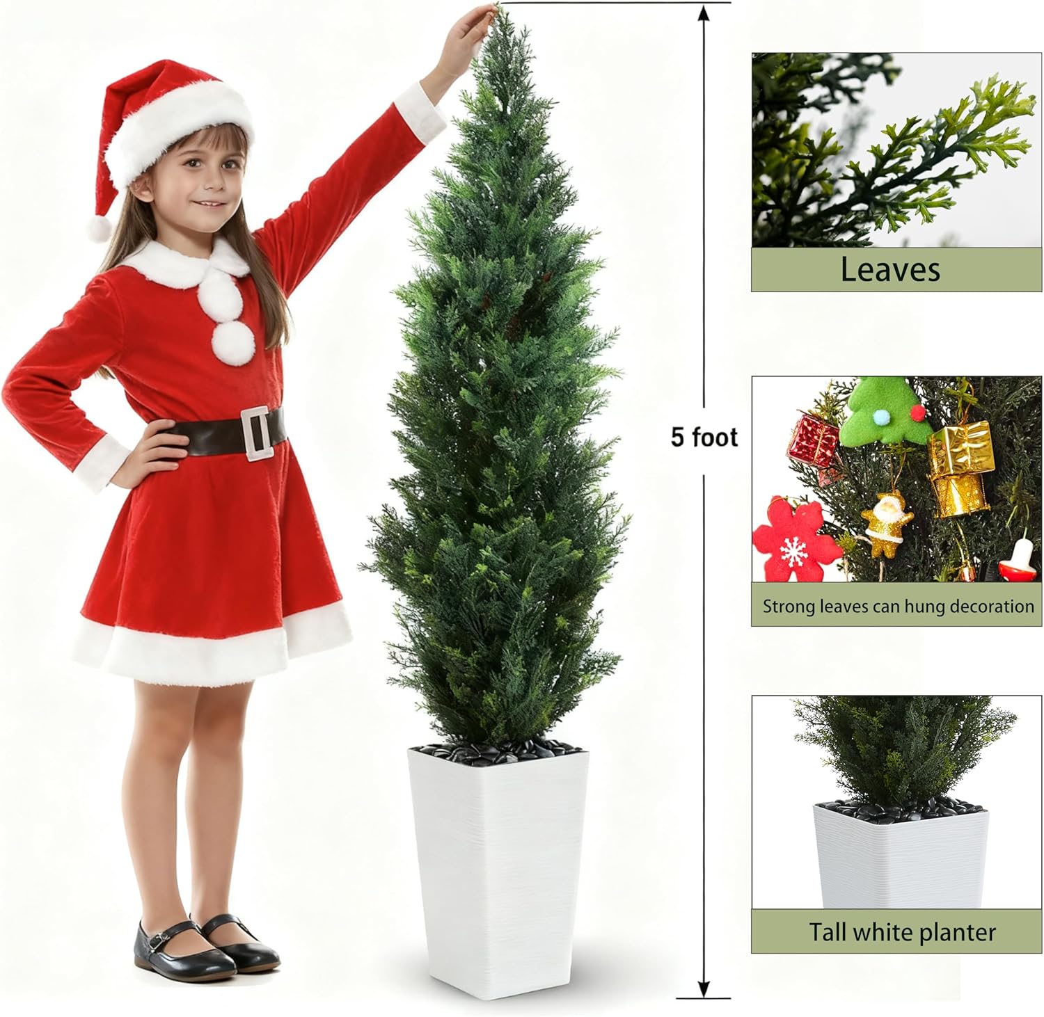 Artificial Cedar Trees 5FT Tall Artificial Bushes Cypress Shrubs, Fake Evergreen Shrubs with Extra Dense Foliage Realistic Potted & Pebbles Faux Plants for Front Porch Outdoor Christmas Tree