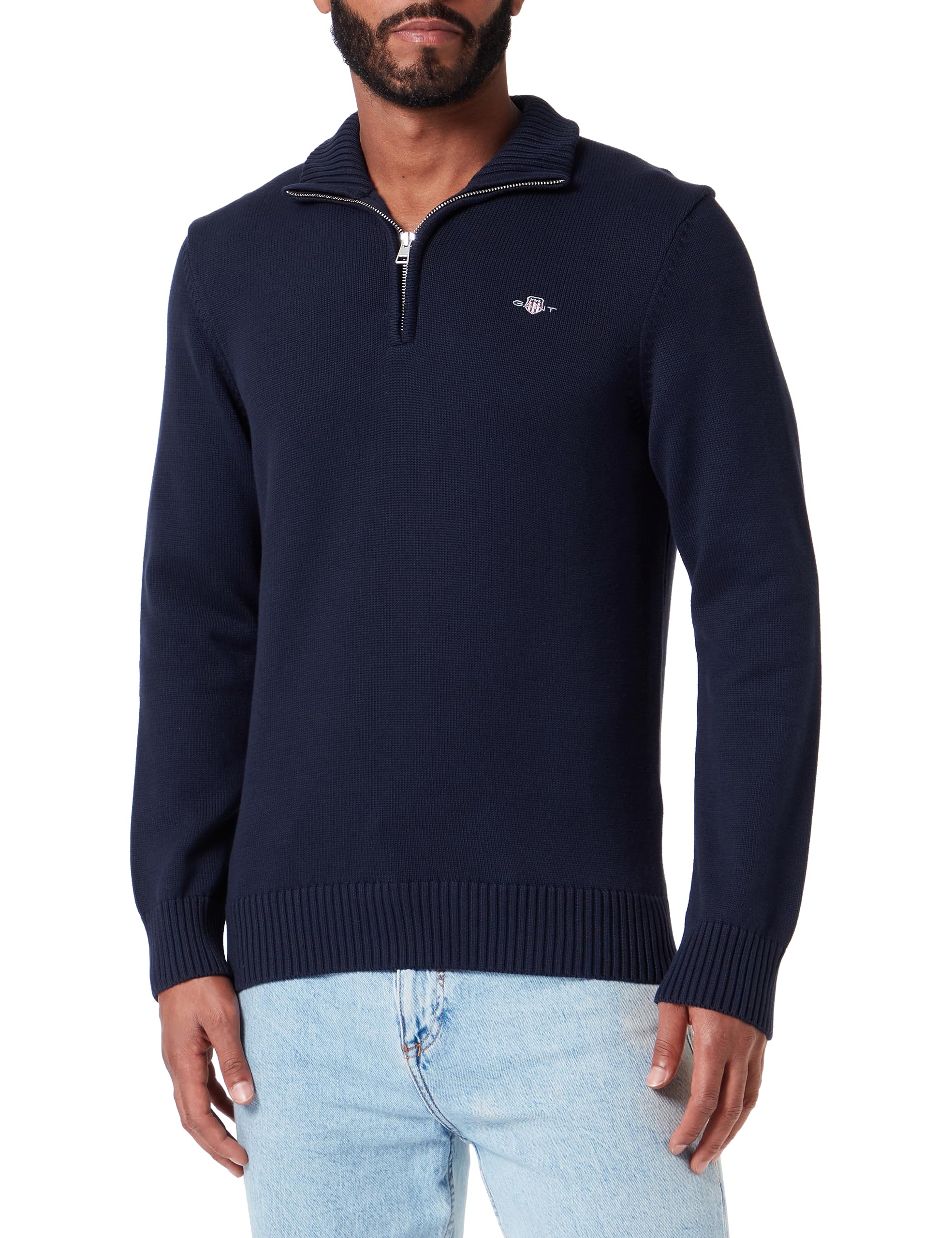 GANT Mens Cotton Half Zip Cream Sweater Navy 4XL