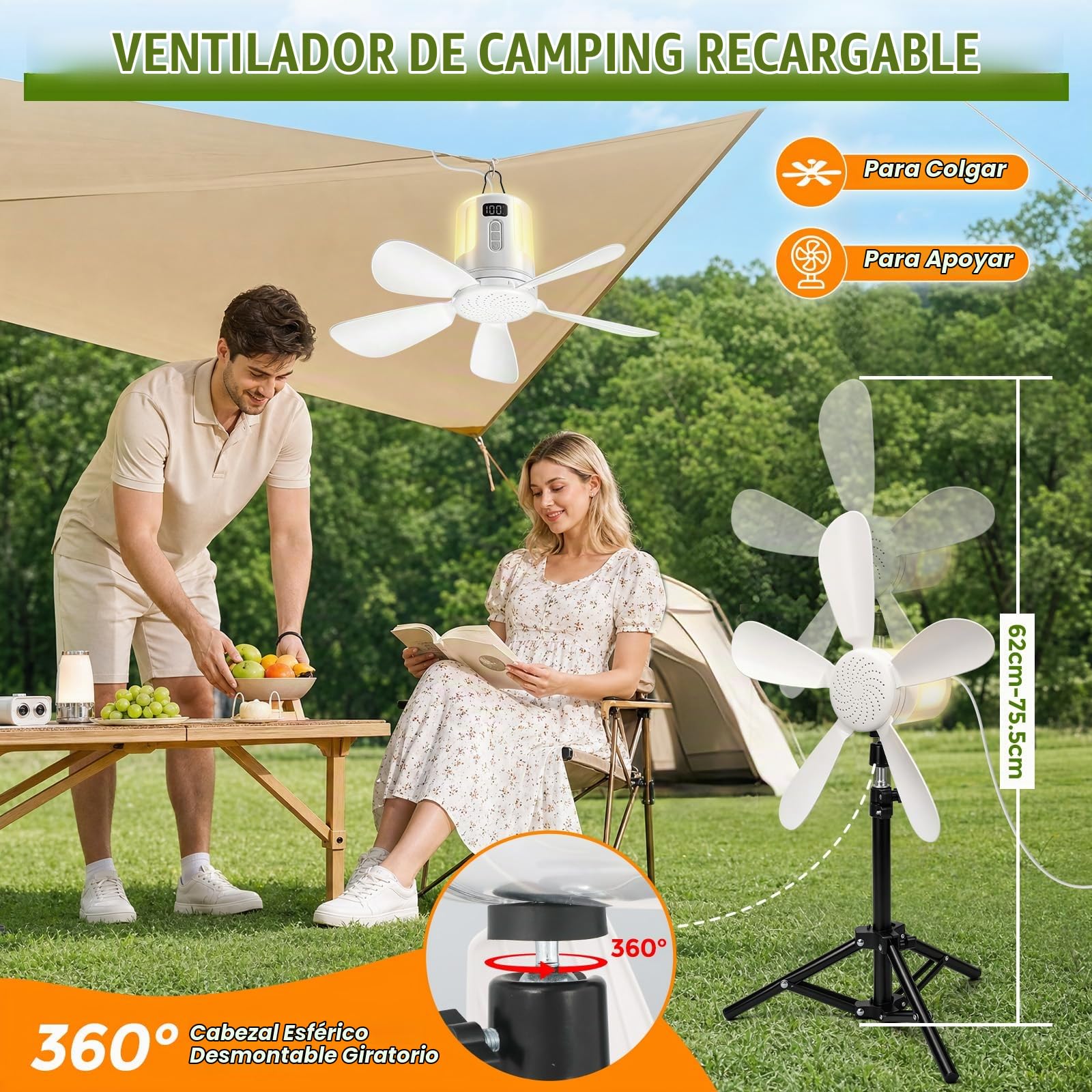 Roadtime Ventilador de techo de 40 cm portátil con iluminación LED y mando