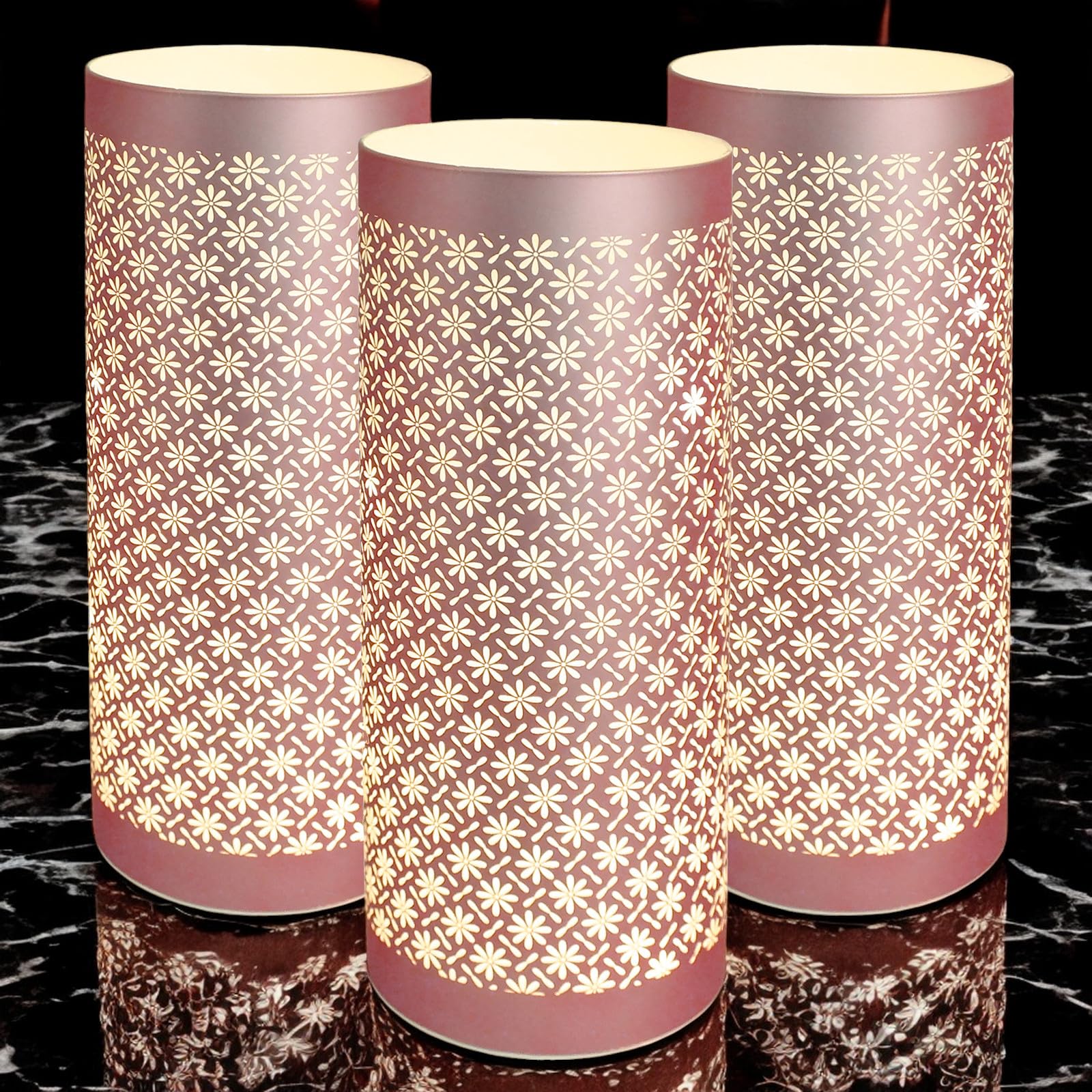 Tooltime Set of 3 Large Glass LED Table Lamps with Illuminated Flower Petals Design | Freestanding Battery Operated Cordless Lights | Metallic Pink Finish with Floral Pattern
