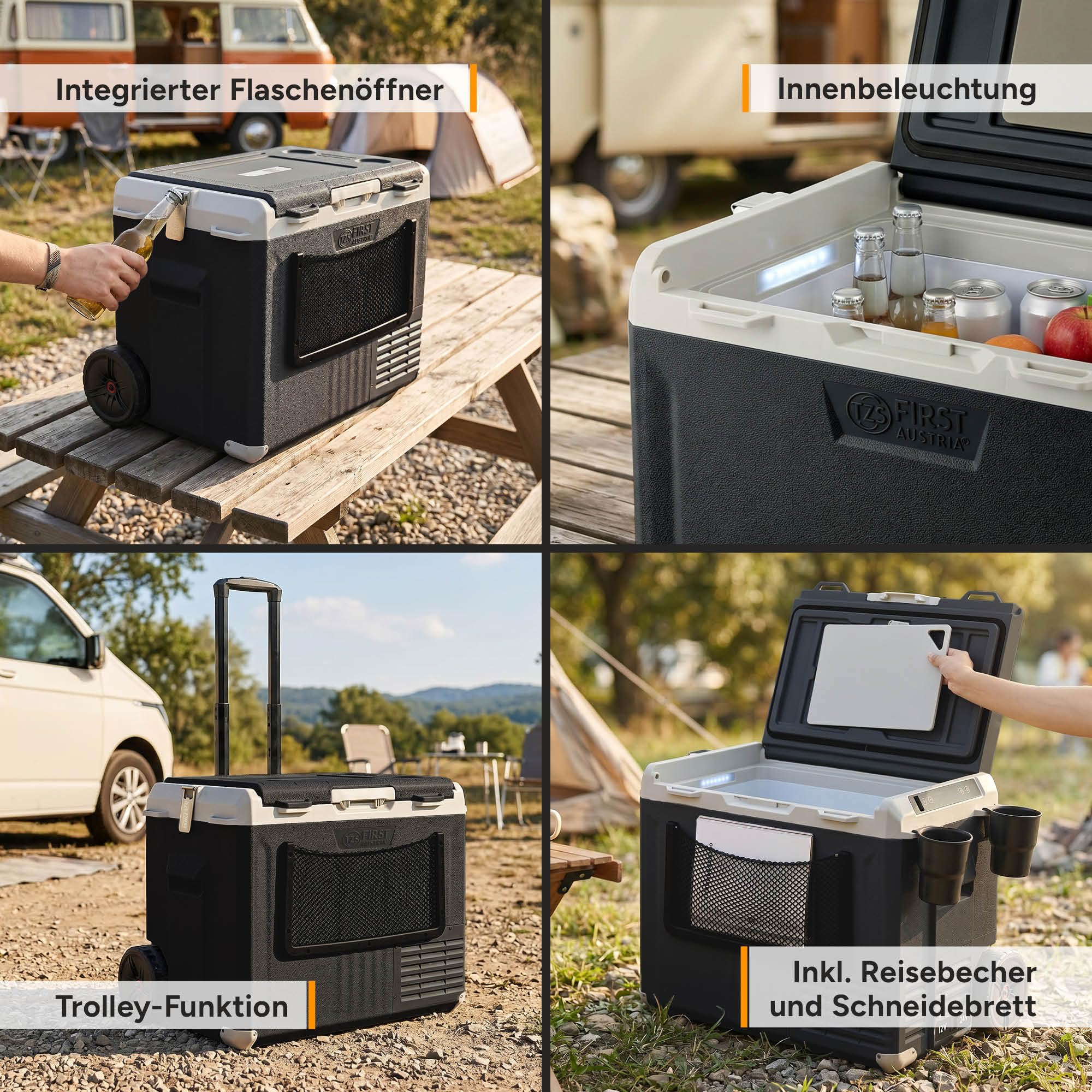 TZS First Austria - Kompressor-Kühlbox 40L - Energieklasse B - Kühlung bis -20°C - App per Bluetooth - 12/24V & 230V - USB-Ausgang - Trolley & Vollzubehör – Schwarz