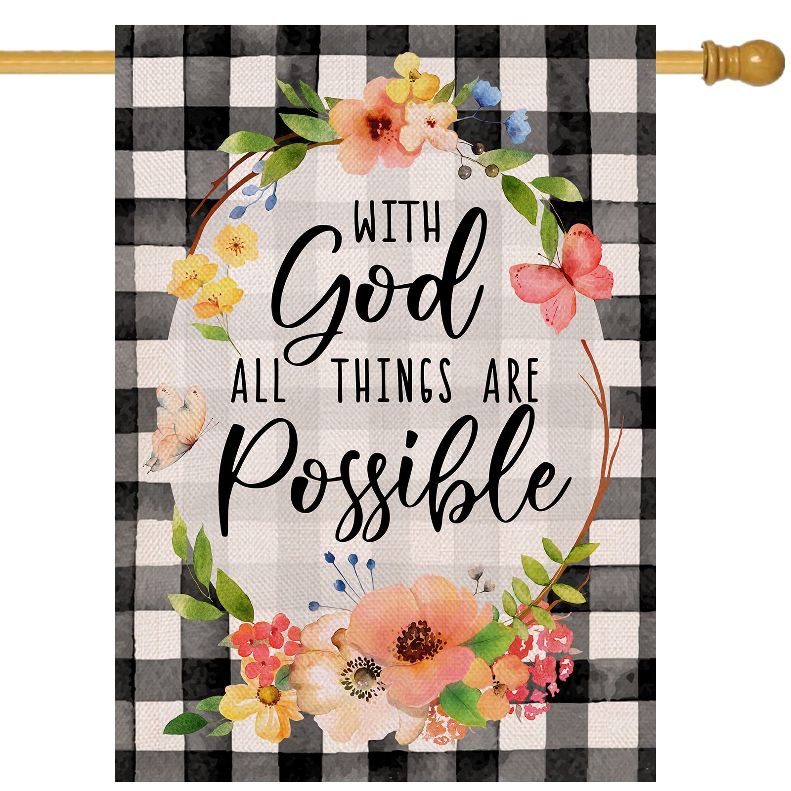 Furiaz With God All Things are Possible Easter Religious Large Decorative House Flag, Inspirational Garden Yard Faith Buffalo Plaid Outside Decoration, Spring Summer Farmhouse Outdoor Decor 28x40