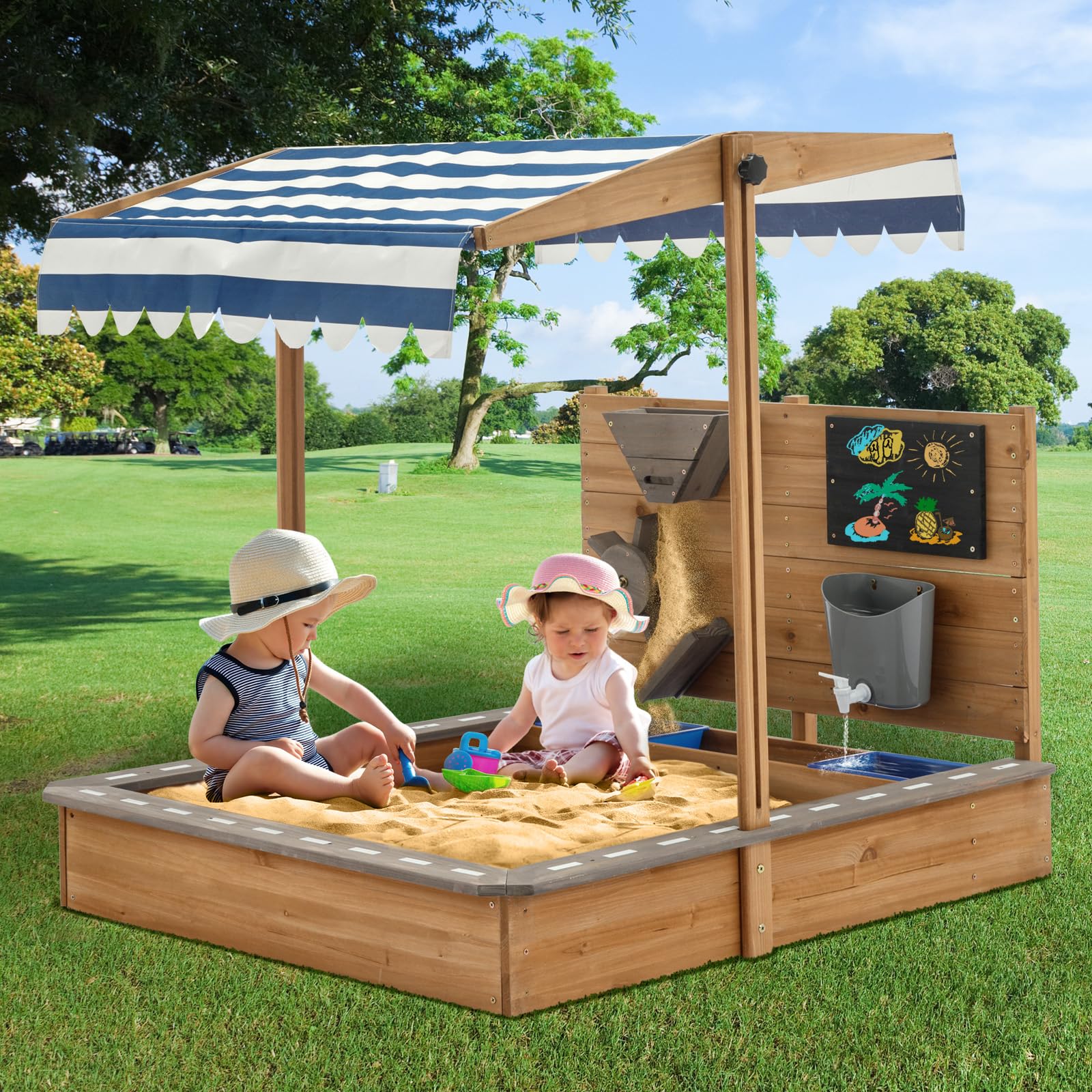 Kids Large Wooden SandBoxes with Roof, Pipleo Outdoor Sand Box Play w/Canopy for Backyard Garden Beach, Sand Pit for Beach Patio Outdoor, [Adjustable Cover & Funnel & Drawing Board] - Brown Oak