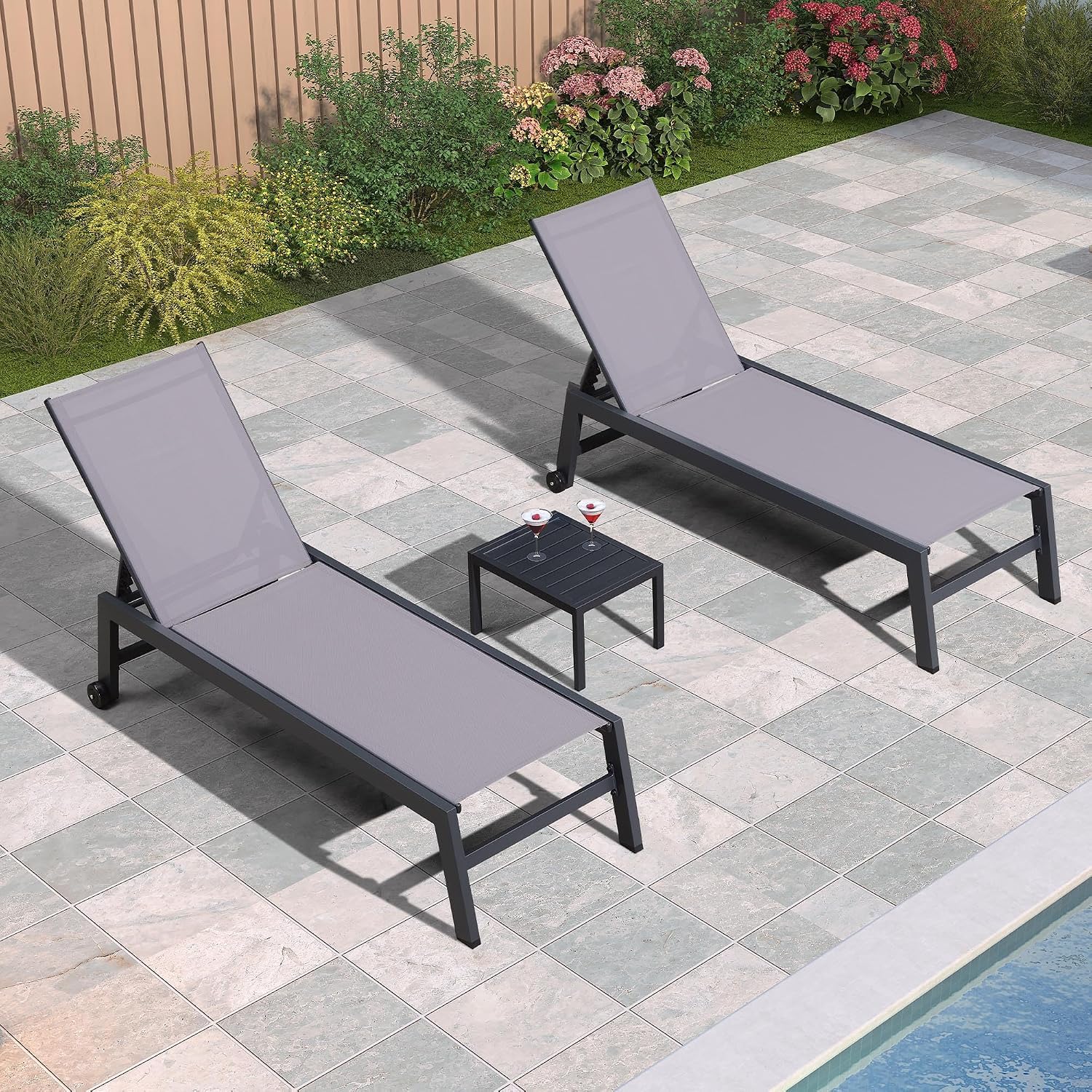 PURPLE LEAF Pool Lounge Chairs Set of 2 with Wheels, Textilene Light Gray