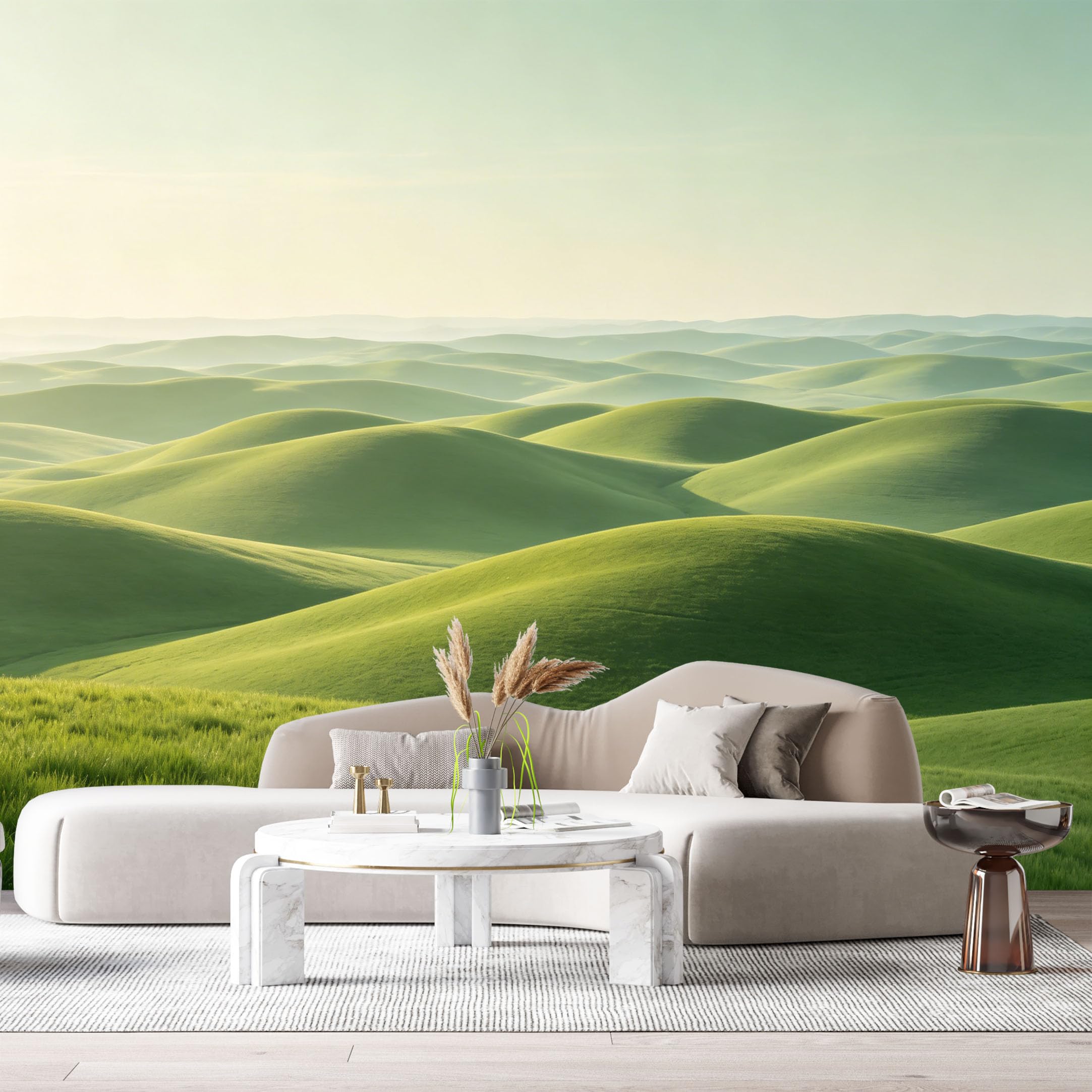 Custom Size Wall Murals Rolling Hills Landscape Minimalist Green Meadow Morning Light SelfAdhesive Wall Fabric Removable Large Wallpaper for Photo Living Room