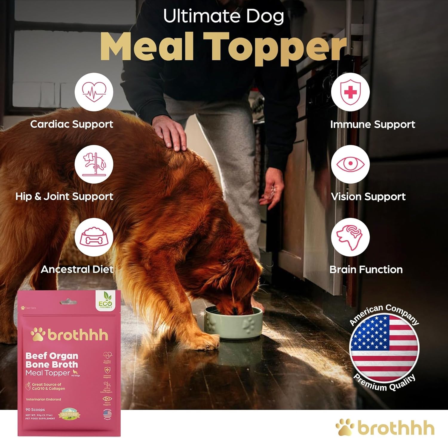 Beef Organ Bone Broth Meal Topper for Dogs - 100% Grass Fed, Veterinarian Approved, Non-GMO by Brothhh - Supports Immunity, Joint & Heart Health, Vision & Vitality - No Fillers - Pet Supplement