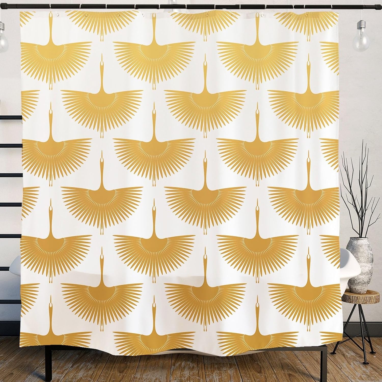 Lovely Crane Shower Curtain with Hooks, Waterproof & Washable Shower Curtain for Bathtub, Modern Extra Long Curtains, Duschvorhang (Yellow)