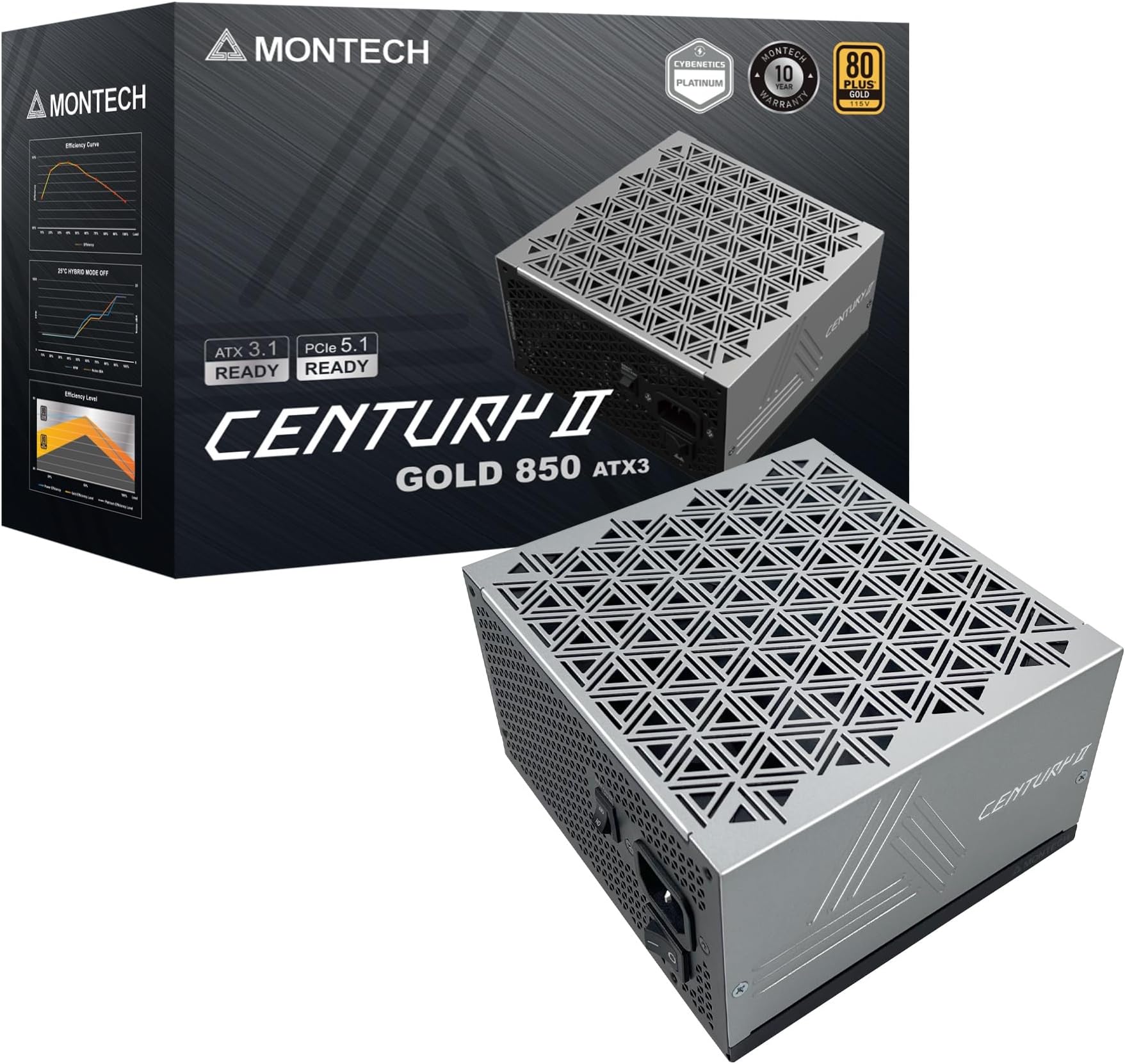 Century II - 850W High-End ATX Gaming Power Supply - 80 Plus Gold & Cybenetics Platinum - Fully Modular - ATX 3.1 & PCIe 5.1 Ready with 12V-2x6 Cable - 10 Years Warranty