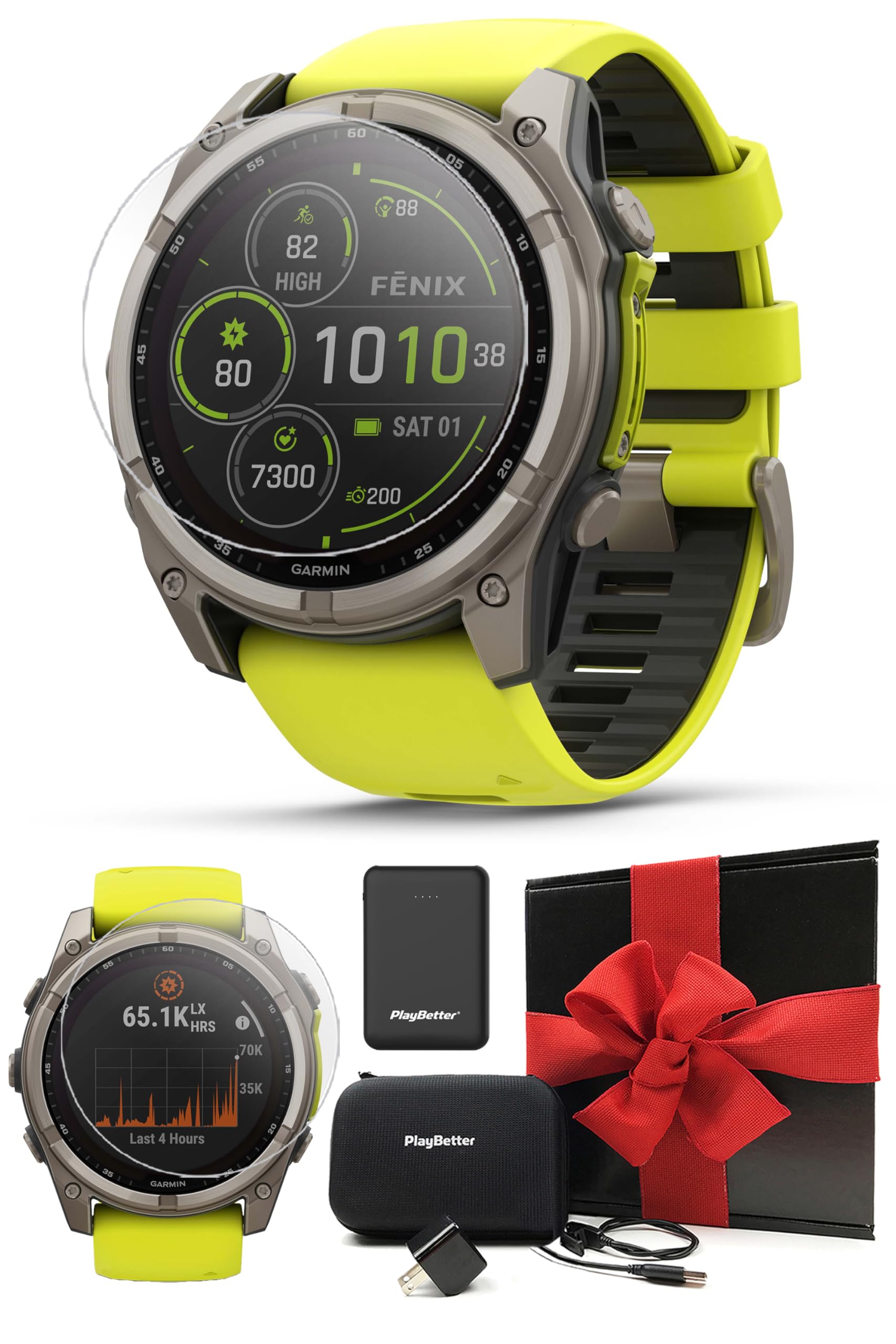 Garmin Fenix 8 Solar Sapphire (51mm, Titanium/Amp Yellow) Multisport GPS Smartwatch Gift Box Bundle - 1.4" Touchscreen, Built-in LED Flashlight with PlayBetter Charger, Screens, Adapter, Case