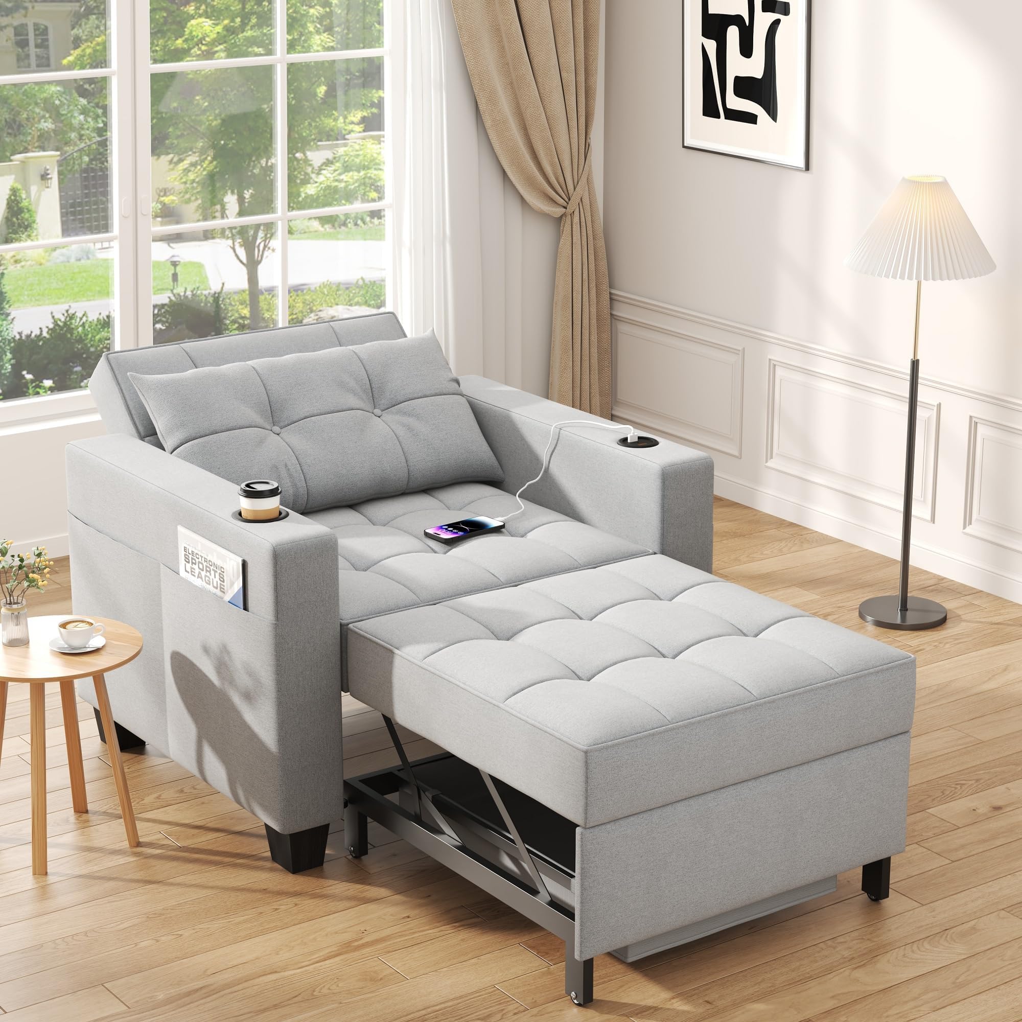 36" 3-in-1 Sleeper Chair, Convertible Pull Out Chair Bed, Light Gray Linen