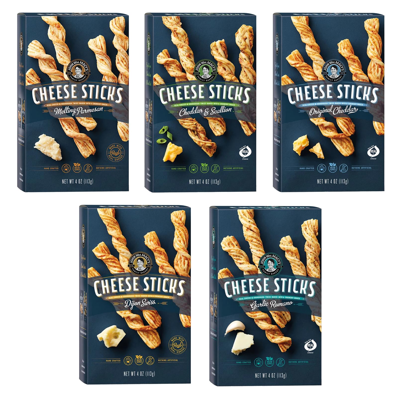 John WM. Macy'sJohn Wm. Macy - CheeseSticks Assortment Multipack - Hand Crafted, Non GMO, and Nothing Artificial - Made with Real Cheese - 4 oz. Cartons - 5 Pack