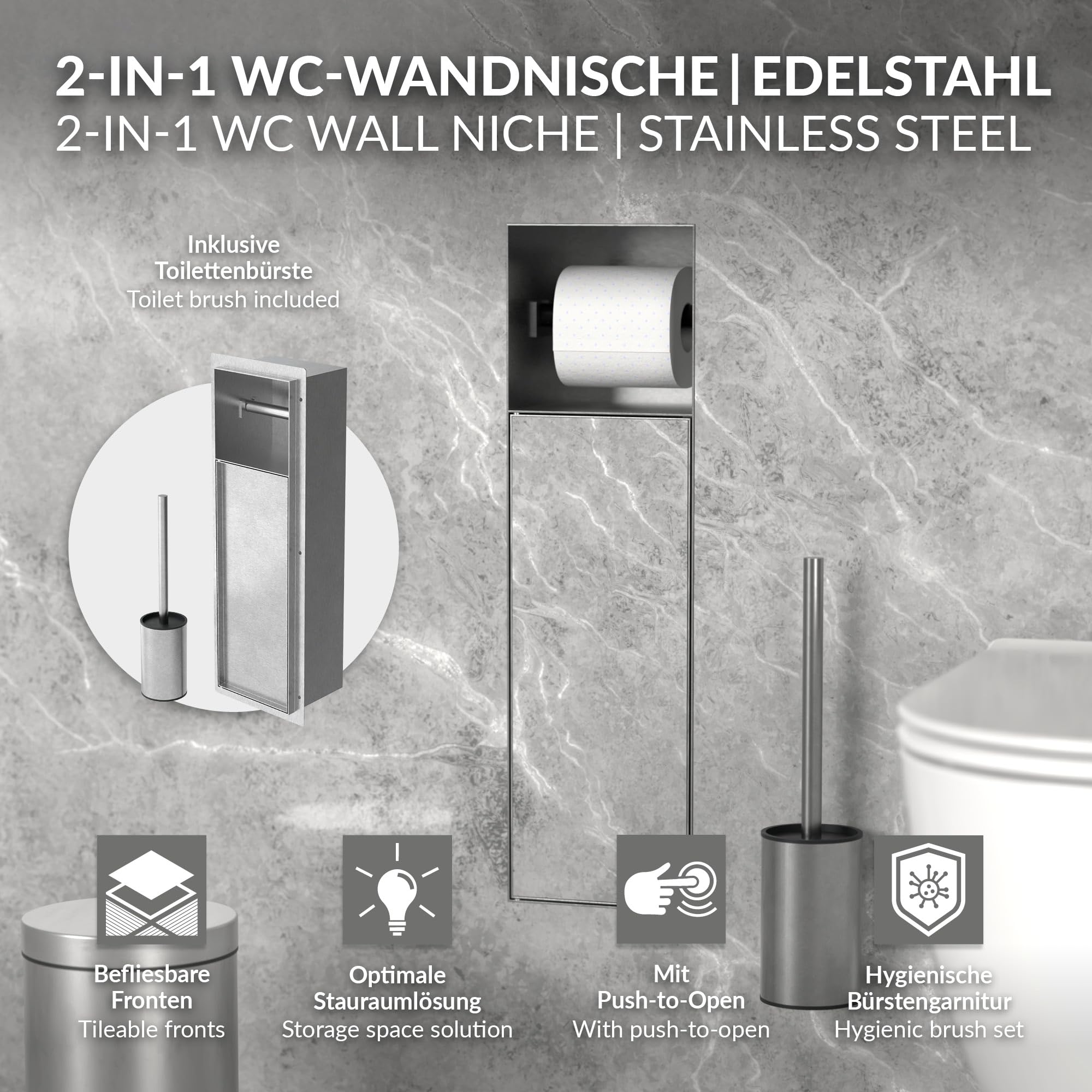 LuxeBath Unterputz-Schrankmodul aus Edelstahl für die Klobürstengarnitur, Silber, 60x20x14 cm, Badezimmerschrank mit Toilettenpapierhalter, Einbauschrank mit Toilettenbürste, WC Wandnische befliesbar