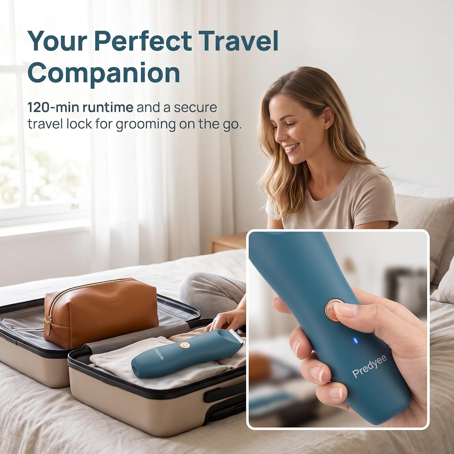 Bikini Trimmer for Women, Electric Body Hair Trimmer for Pubic Hair and Sensitive Skin, Blue Womens Groomer for Legs Underarms and Groin IPX7 Waterproof USB-C Rechargeable with LED Light