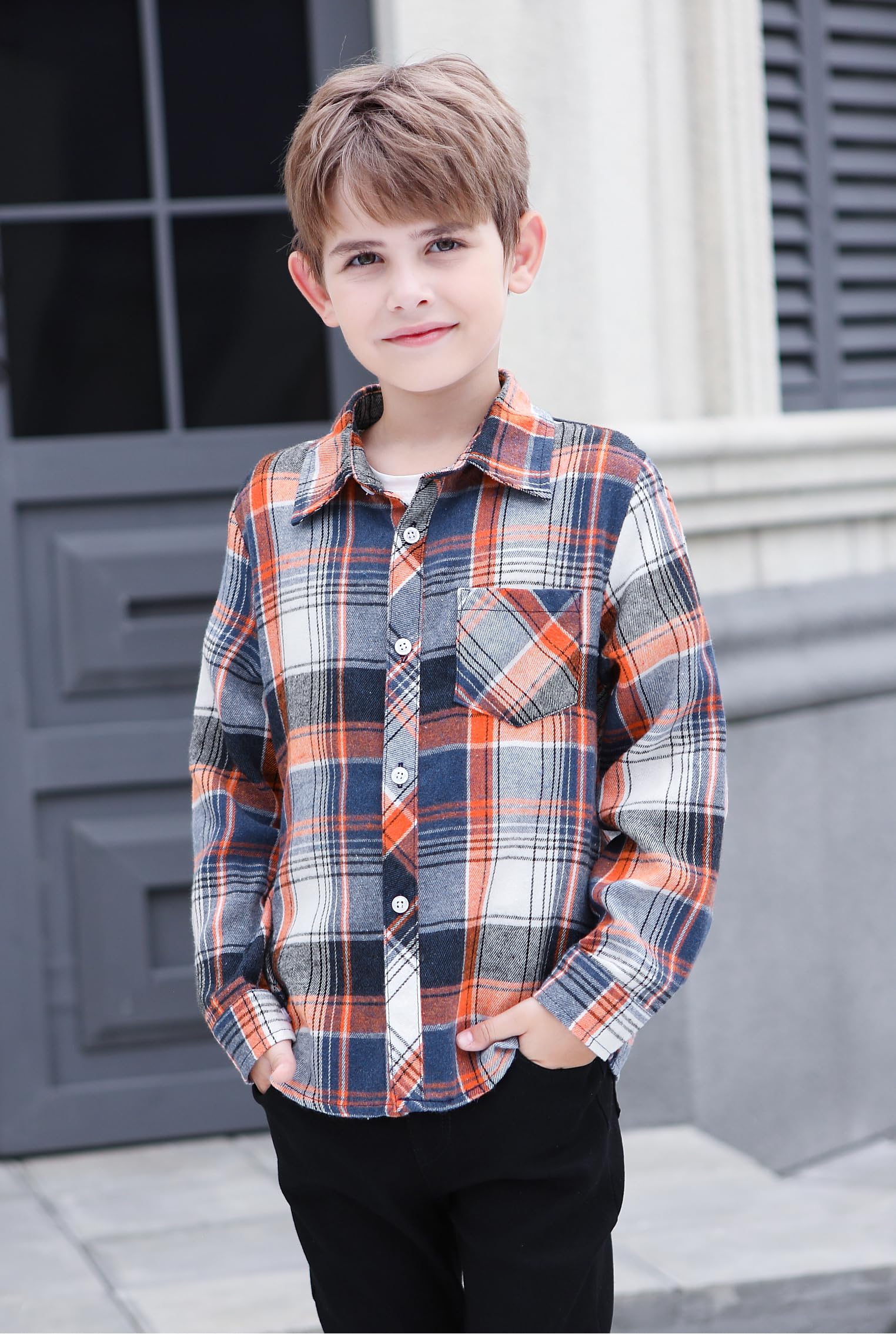 Cromoncent Camisa de manga larga de franela a cuadros con botones para hombre, Azul Naranja, 4-5 años