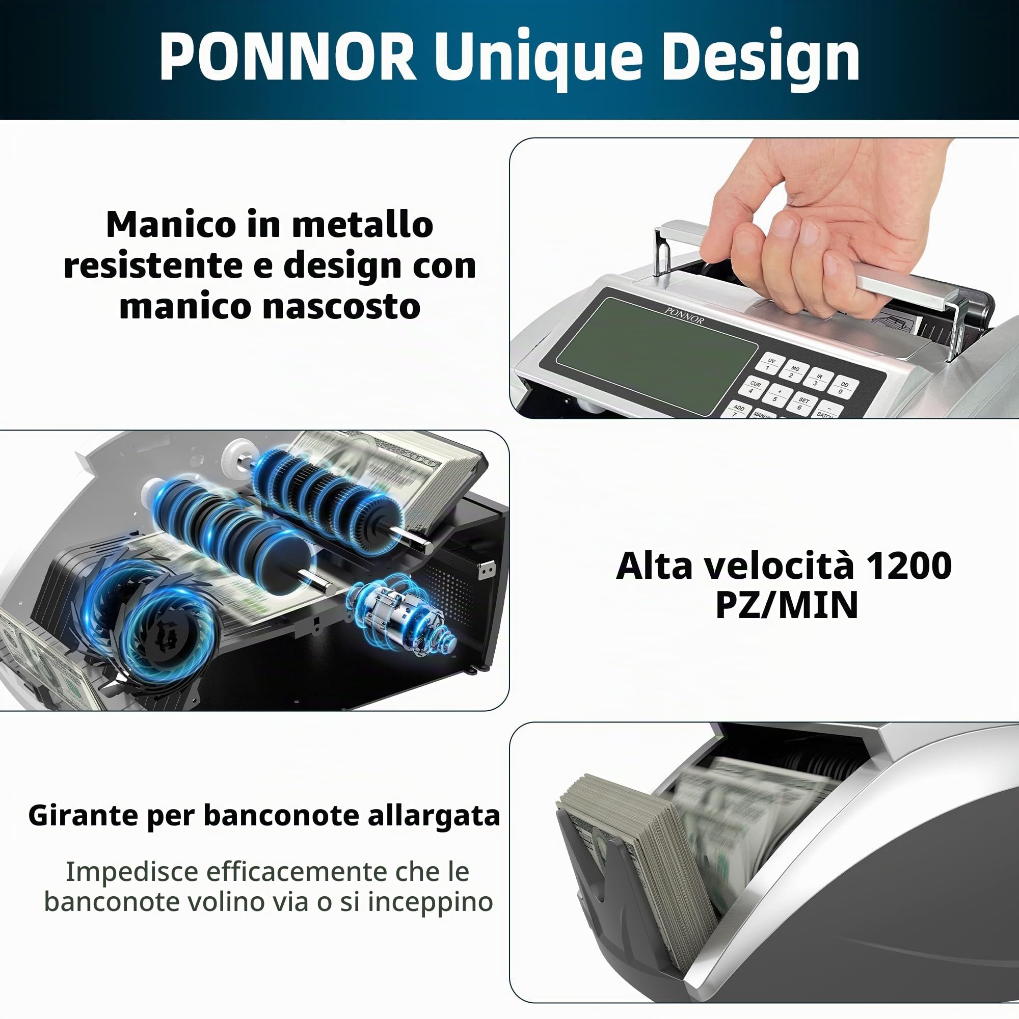 Contatore di denaro PONNOR con valore conteggio banconote, dollaro, euro con UV/MG/IR/DD/DBL/HLF/CHN rilevamento contraffazione, conteggio banconote, grande display LCD