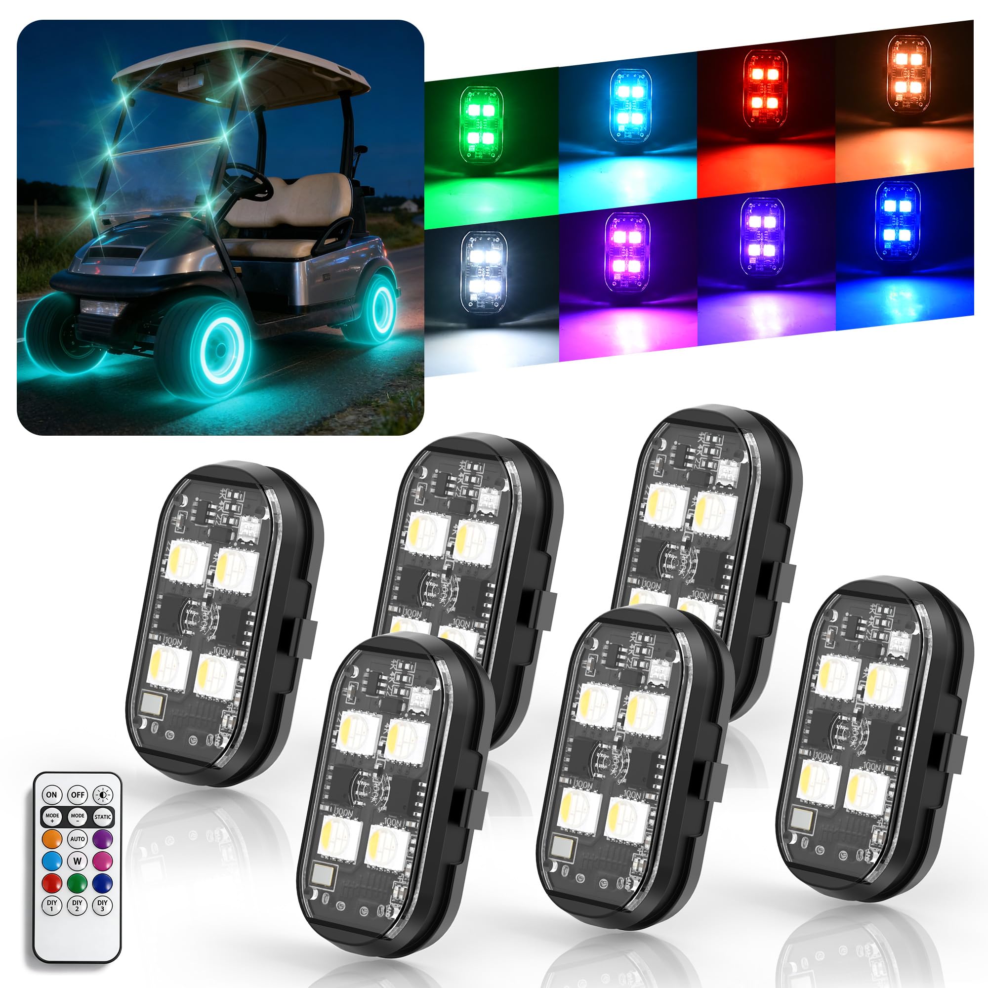 Photo 1 of 10L0L Golf Cart Rock Light Kit, 6PCS Wireless LED Strobe Lights with Remote, High Brightness 8 Colors IP65 Waterproof Anti-Collision Warning Lights for Car Interior Drone Bike Christmas Day Halloween