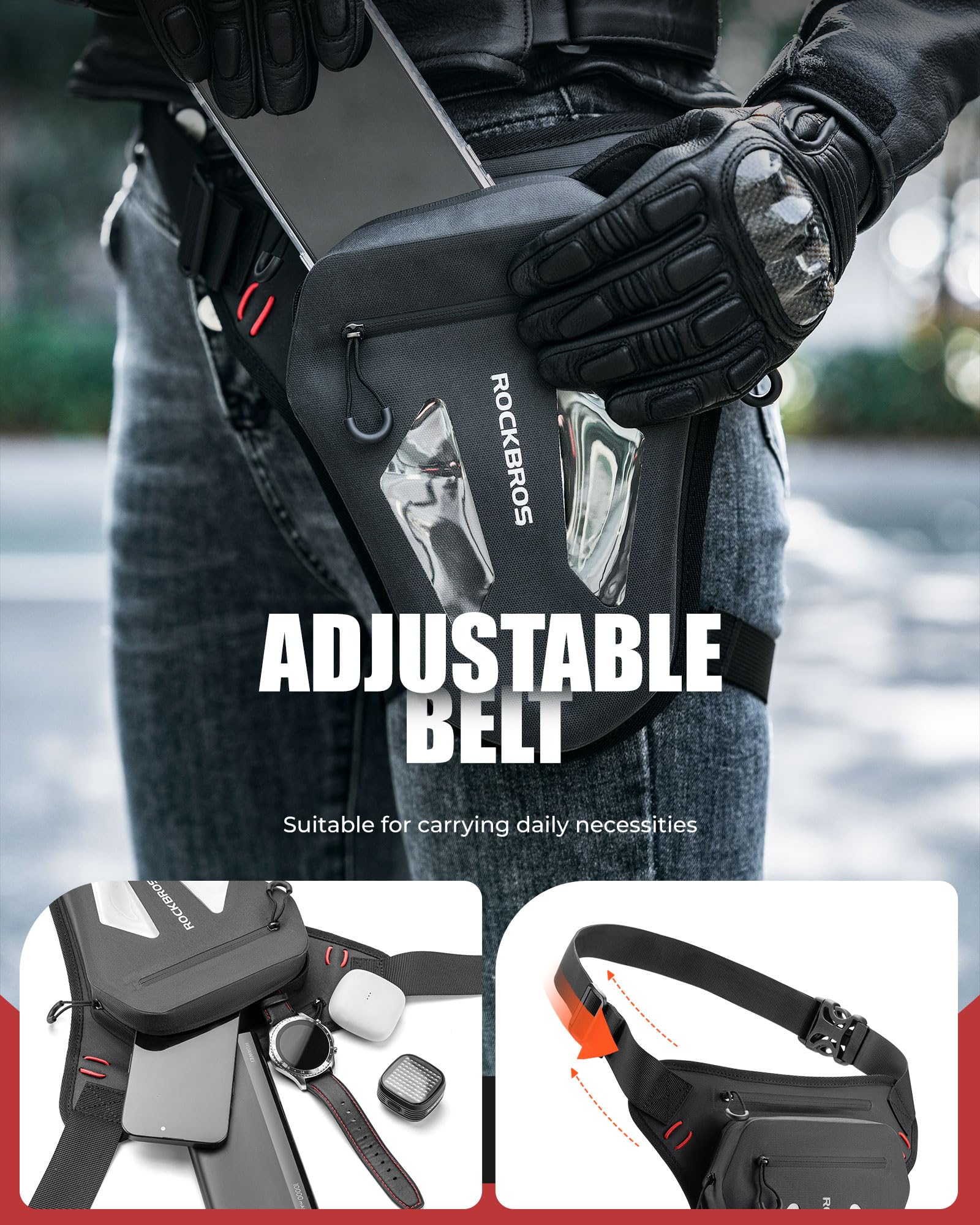 ROCKBROS Sac de Jambe de Moto, Poches de Hanche Ajustable et Durable, Pochette de Jambe de Moto, Noir