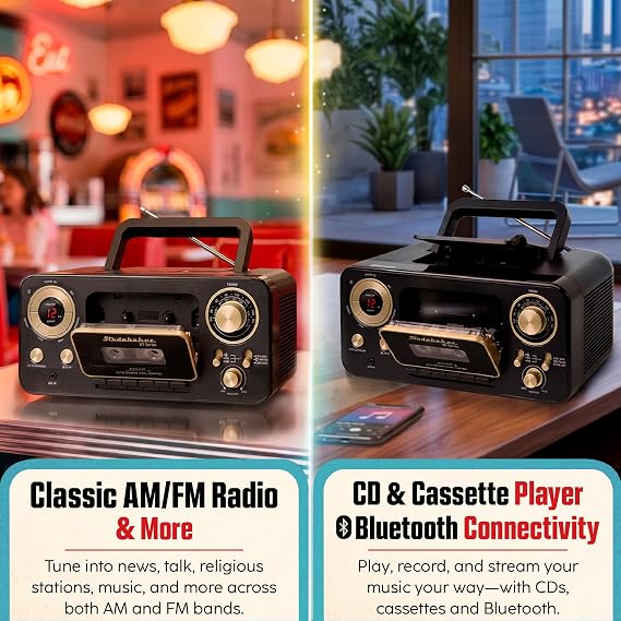 Studebaker Portable CD Player with Bluetooth, AM/FM Stereo Radio & Cassette Player/Recorder with Aux-in and AC/DC Power - Black & Gold