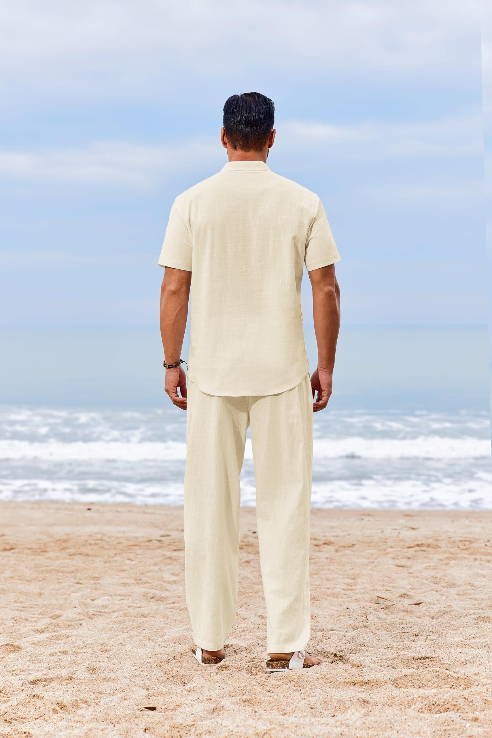 COOFANDY 2-teiliges Herren-Set, Baumwolle, lässig, kurzärmelig, Henley-Shirts und Strandhosen mit Taschen, Sommerurlaub-Outfits