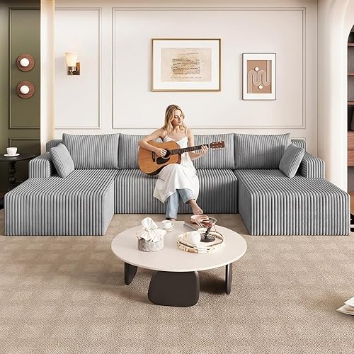 Miniatura 23 de Sofá seccional en forma de nube con chaise en L, sofá modular moderno y cómodo con asiento profundo, sofás tapizados en corduroy de forma U Negro