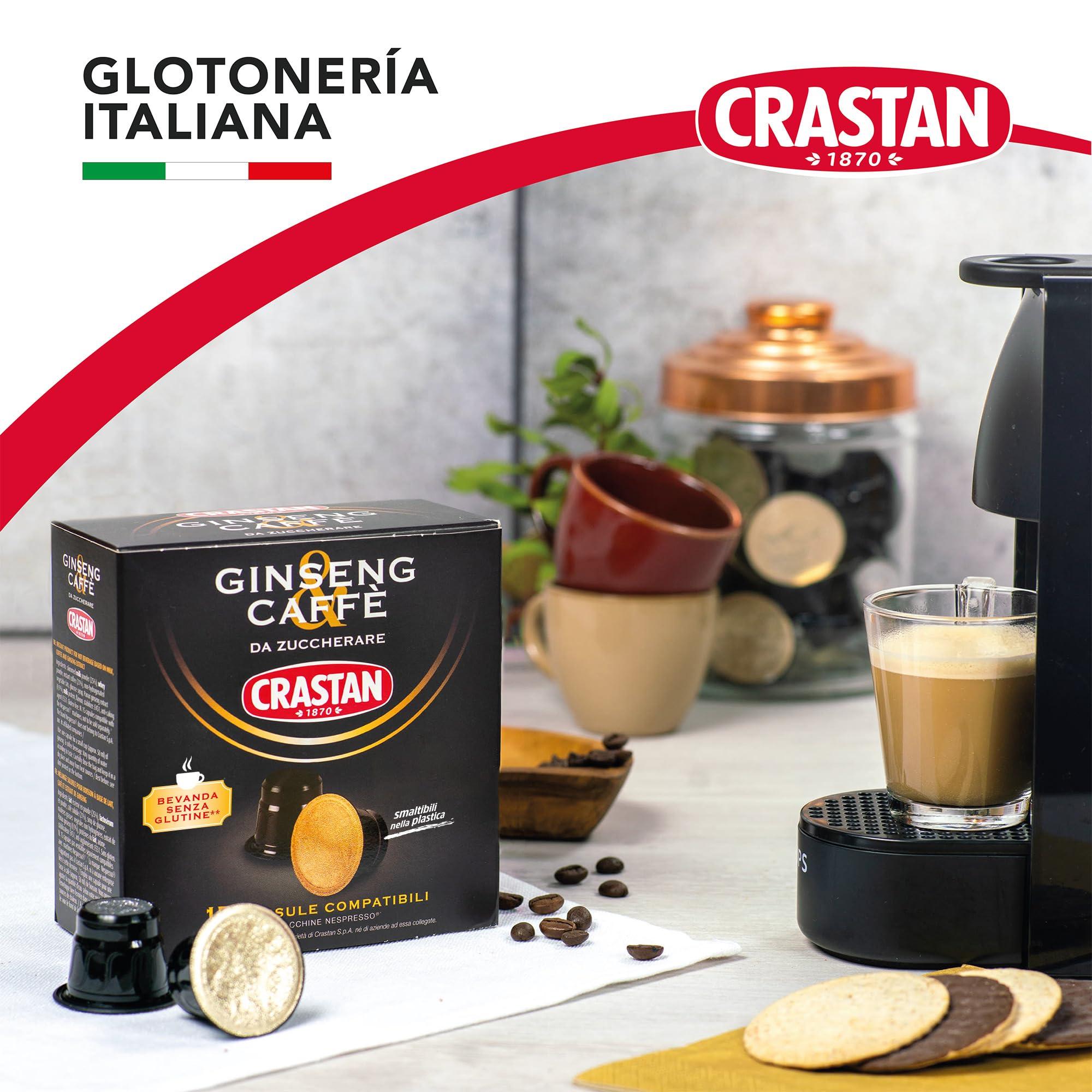 CRASTAN 1870, 90 Cápsulas, 6 Cajas de 15 Cápsulas de Bebida Ginseng y Café, Cápsulas Compatibles con Nespresso de Azúcar al Gusto, Bebida Sin Gluten, 100% Made in Italy