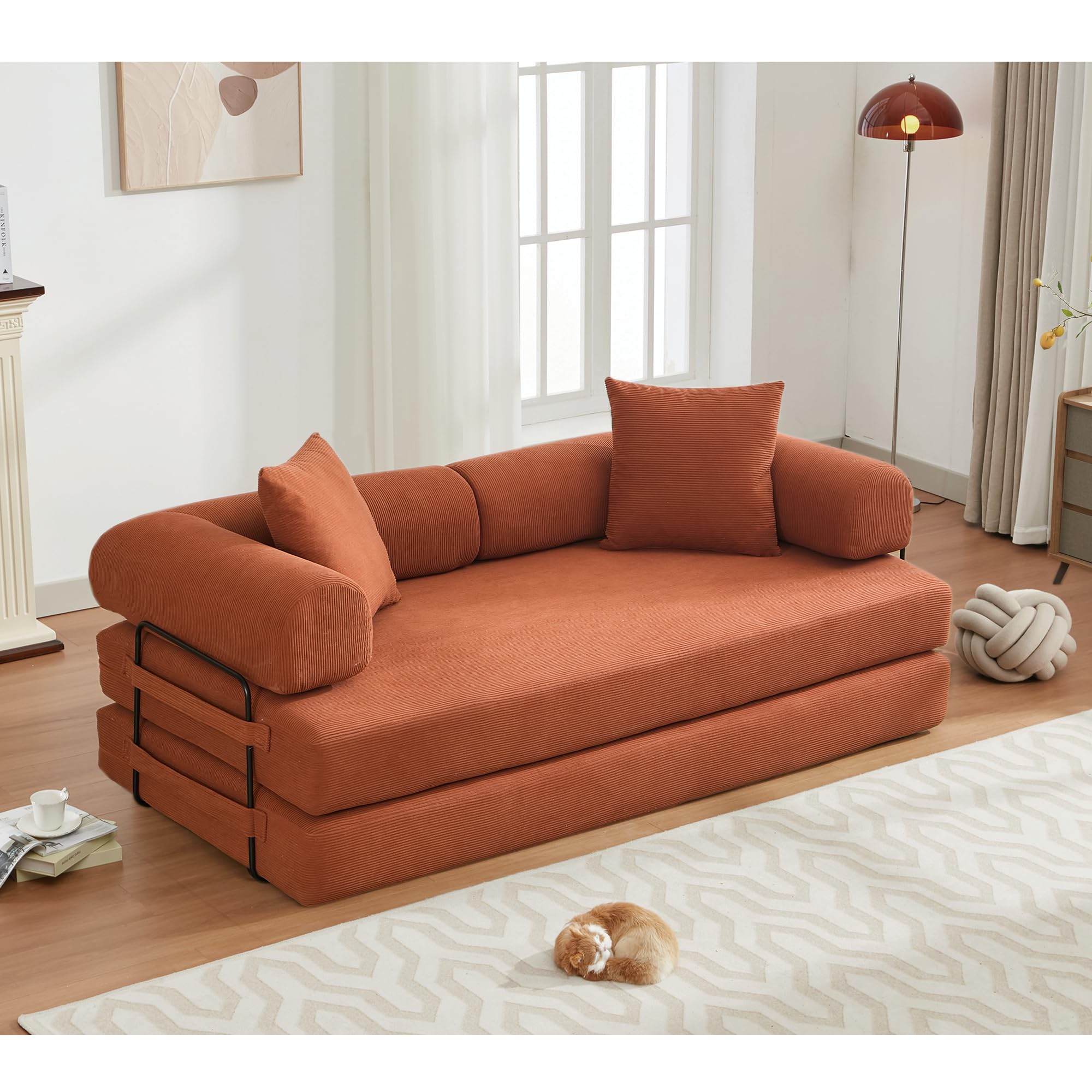 78" Convertible Futon Sofa Bed, Boneless Couches for Living Room, Orange | Corduroy Loveseat Sleeper Futon Sofa Bed, Modular Sectional Sofa, Boneless Couch, Pull Out Couch, No Assembly Required