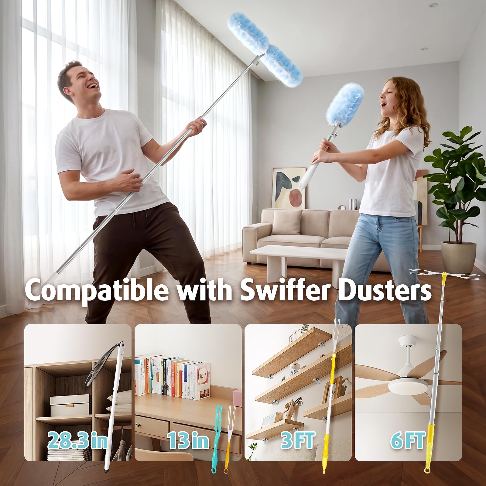 Mango de plumero extensible de 6 pies con 40 recambios, compatible con Swiffer Duster, almohadillas desechables de microfibra para limpieza del hogar, techo, ventilador, ventana, zonas de difícil