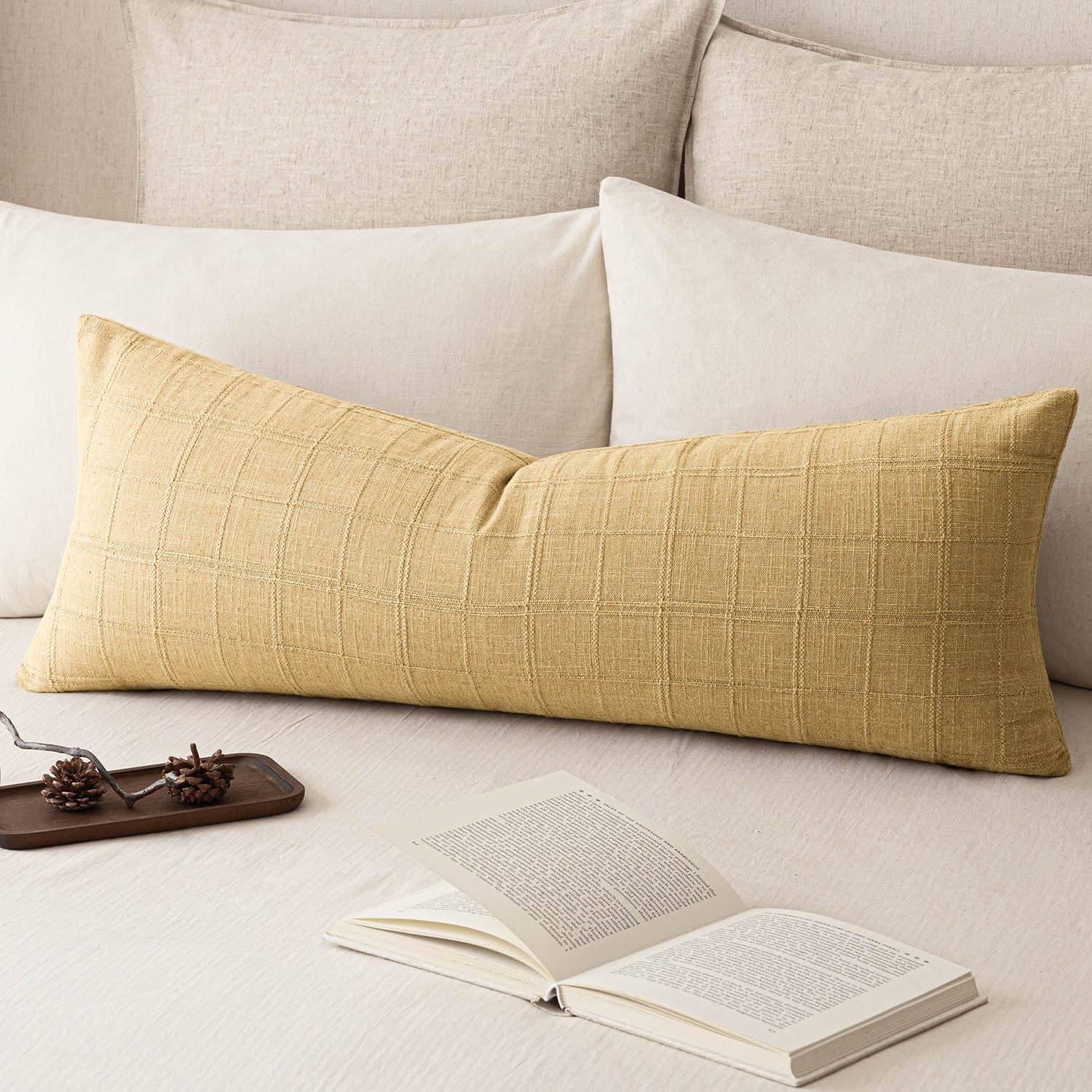 Foindtower Set of 1 Decorative Linen Check Throw Pillow Cover Neutral Long Body Lumbar Cushion Cover Farmhouse Vintage Boho Home Decor for Sofa Chair Couch Bedroom Living Room,14×36 Inch,Amber Gold