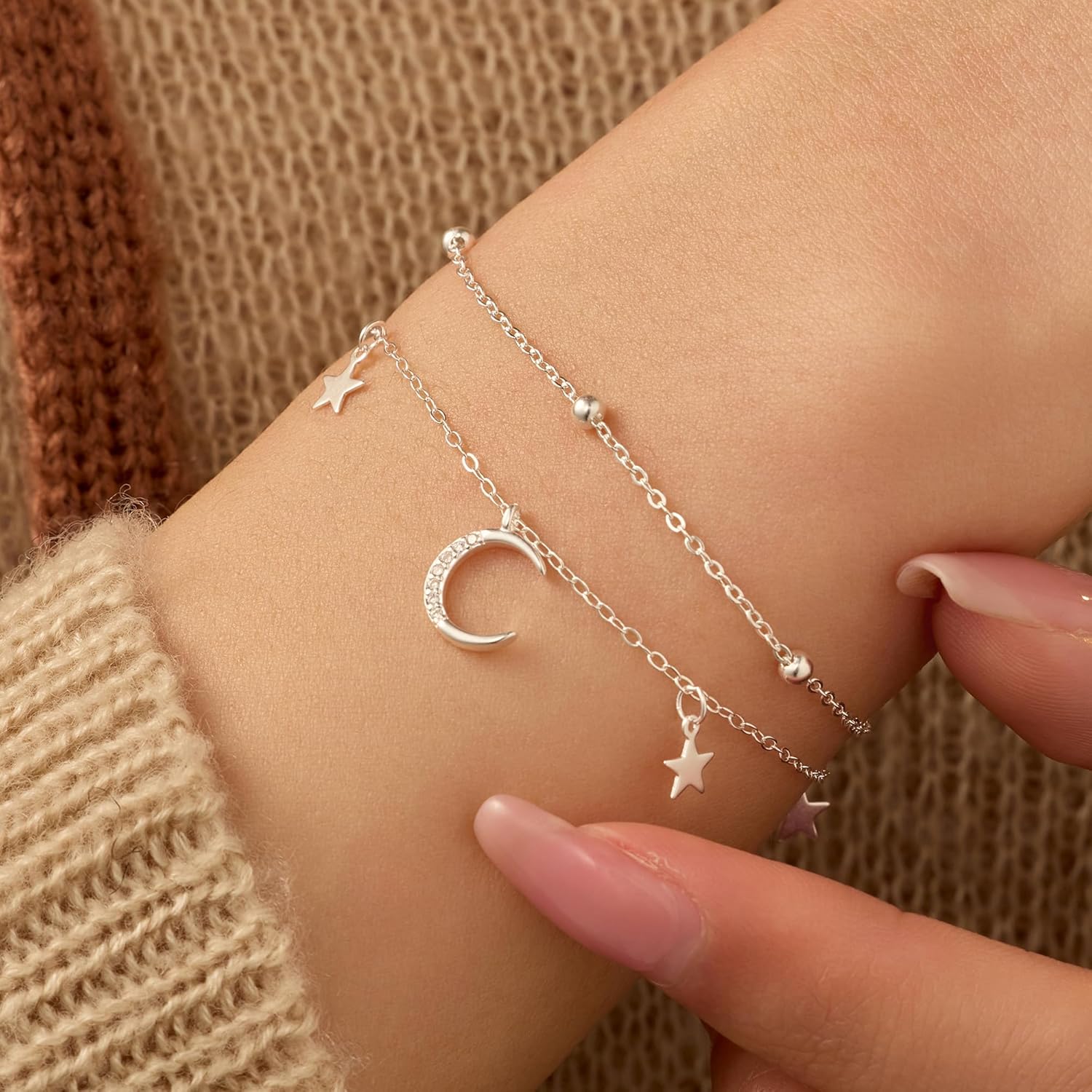 Layered Moon Star Bracelet for Women,925 Sterling Silver Dainty Sparkling CZ Crescent Link Bracelet for Mom Daughter Double Beaded Bracelets Jewelry Valentines Day Wedding Jewerly Gifts - Image 3