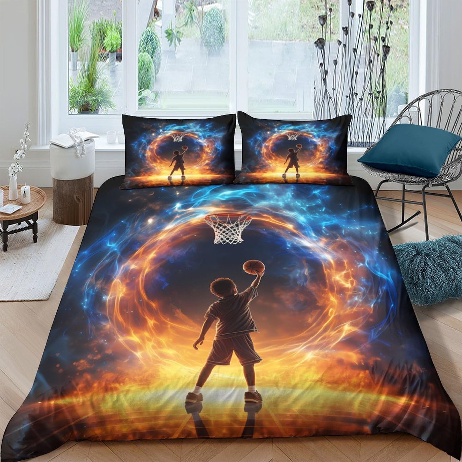 Ctjqhvkz Style-2 3D Printed Basketball Fire Fitted Sheet Microfiber Soft Breathable Galaxy Hoop Bed Cover For Bedroom Dorm Mattress Decor Single（135X200cm）