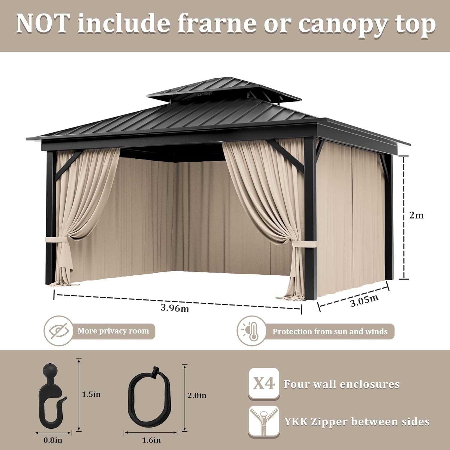 Outdoor Gazebo Curtain Replacement Universal 4-Panel Sidewalls 10' X 13',Outdoor Patio Waterproof Privacy Curtain with Double Zipper for Patio,Garden, and Backyard (Curtain Only)